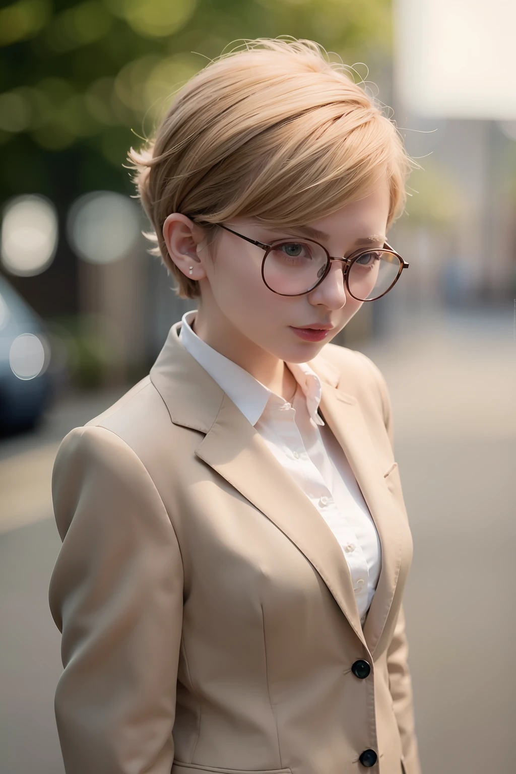 closeup photo of a girl, short hair, blond hair, wearing business suit, wearing big glasses, standing in the street
best quality, realistic, photorealistic, (intricate details:1.2), (delicate detailed), (cinematic light, best quality Backlights), clear line, sharp focus, realistic face, detailed face
unity 8k wallpaper, ultra high res, (photorealistic:1.4), looking at viewer,