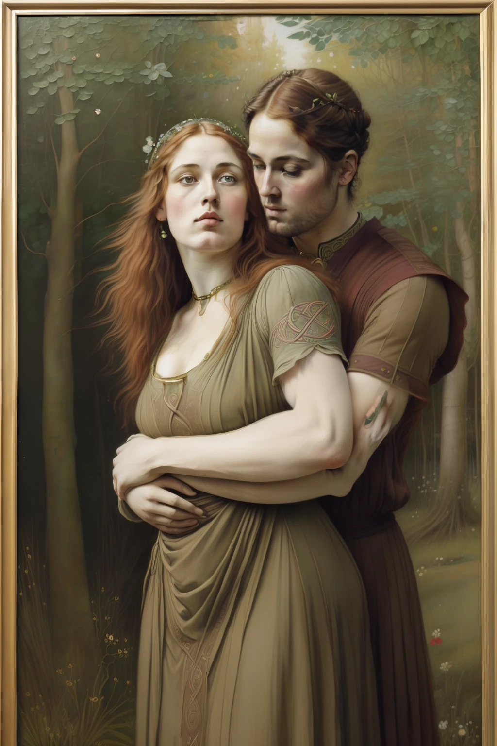(((Pre-Raphaelite Celtic painting of an elbow bent over the chest in a hug, Floresta encantada, madressilva, noite)))