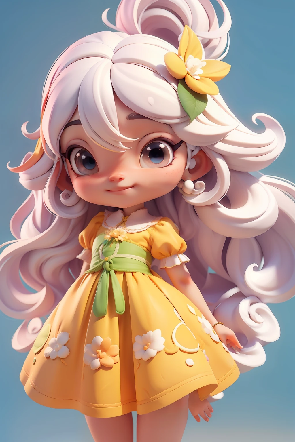 Avatar fada loira, tons laranja e cinza, sorriso meigo e delicado, asas brilhante, vestida com uma jardineira, corpo inteiro,pele clara e olhos delicados e definidos,cartoon 3D com blusa delicada,, casaco peludinha, cabelos multicolor, fundo simples e branco