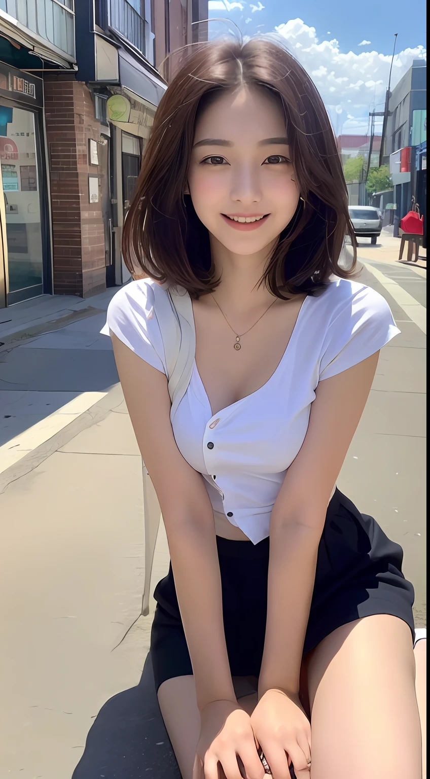((top-quality、8K、masterpiece:1.3))、1girl in、A smile、full body Esbian、Slim Faces、Pretty women、g-cup:1.2、Valley、 a short bob、(dark brown hair)、Small Nipples、Thin shirt、Short skirt:1.1、hyperdetailed face、A detailed eye、二重まぶた、blured background、Slim Faces、城市、takeout、a street、Stay with the dog:1.3、pet、Staring at the dog、Frolic with pets、prety dog