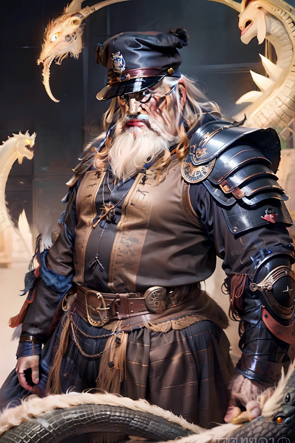 Man,dumbledore,a old man,Big chest,wearing an outfit,He wears Chinese dragon armor,Wearing a crocodile head hat,muscle men ,Realiy
