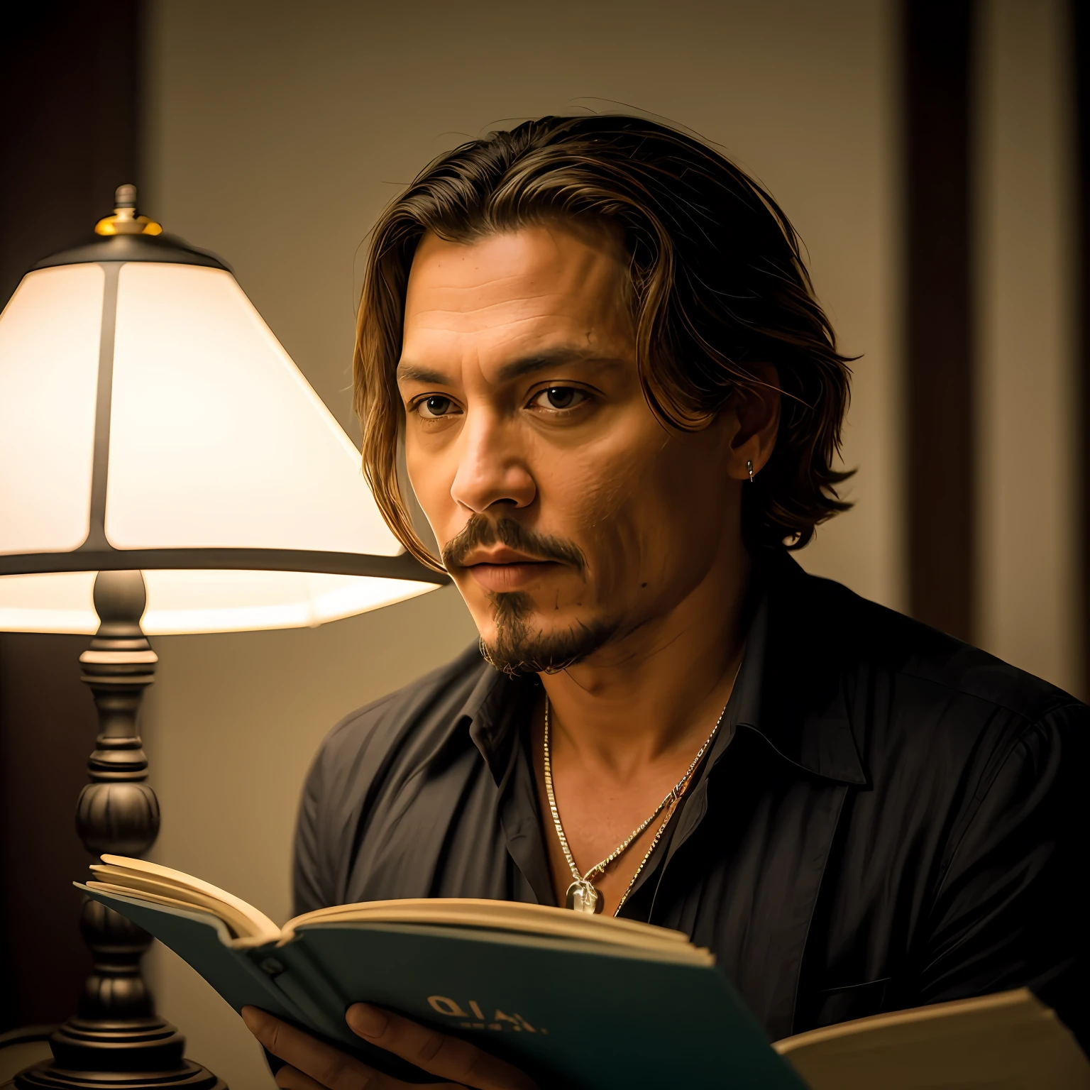 obra-prima, homem parecido com johnny depp, reading at night, biblioteca, (detalhe alto: 1 1), rough face, pele natural, alta qualidade, nsfw, olhos lindos, (rosto e olhos detalhados), (rosto: 1 2), noise, extra, foto real, PSD, lamp film photography, foco nítido, contrast lighting, pele detalhada, high res 8k, detalhe maluco, realista, fotografia profissional, 8k UHD, SLR camera, soft-lighting, alta qualidade, grain of film, Fujifilm XT3