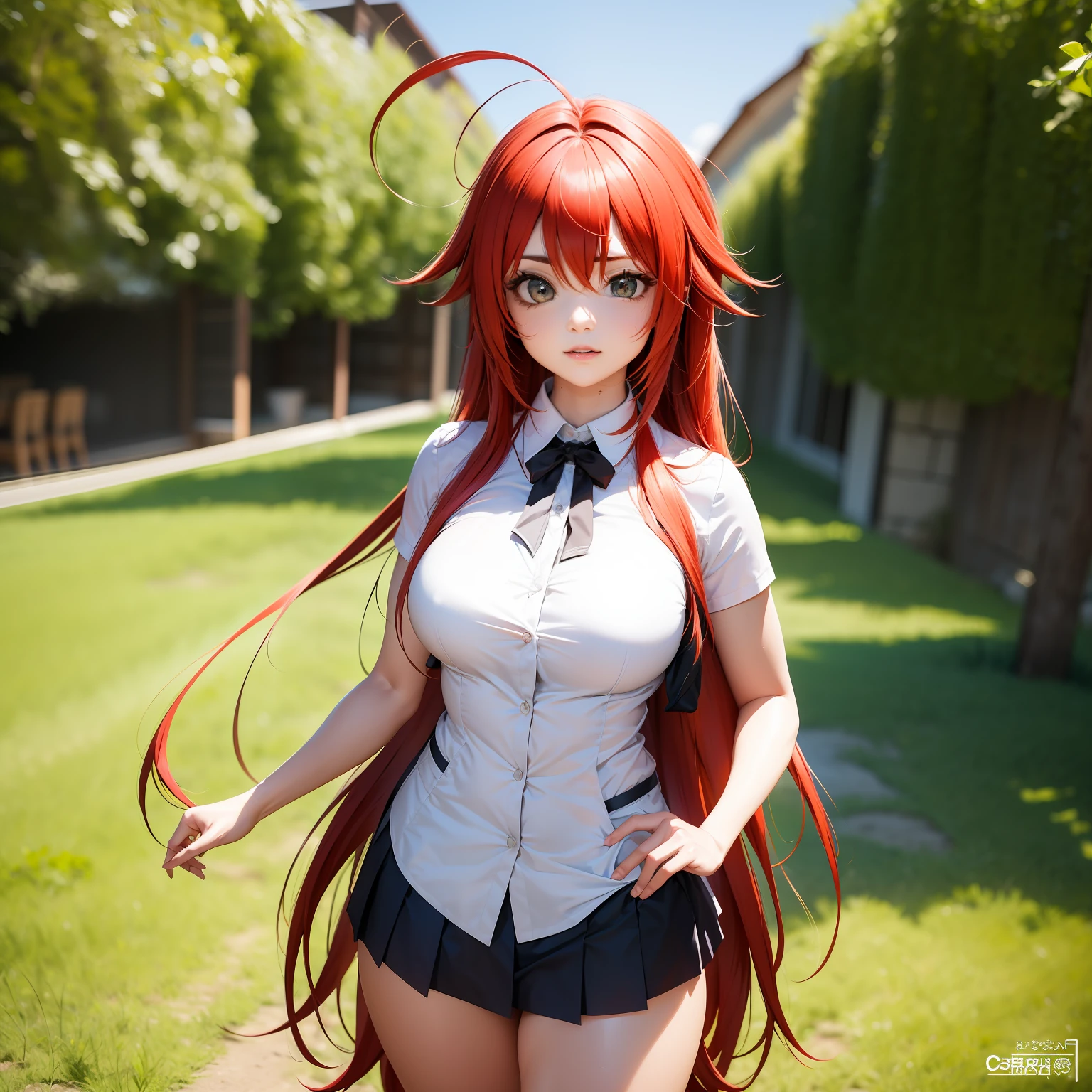 obra-prima, melhor qualidade, highres, melhor qualidade, highres, rias gremory, 1girl, cabelo longo, uniforme escolar, cabelo vermelho, ahoge, olhos azuis, seios grandes, cabelo longo, seios, saia vermelha, ahoge, mangas curtas, camisa branca, camisa de gola, meias, pernas esbeltas, realismo