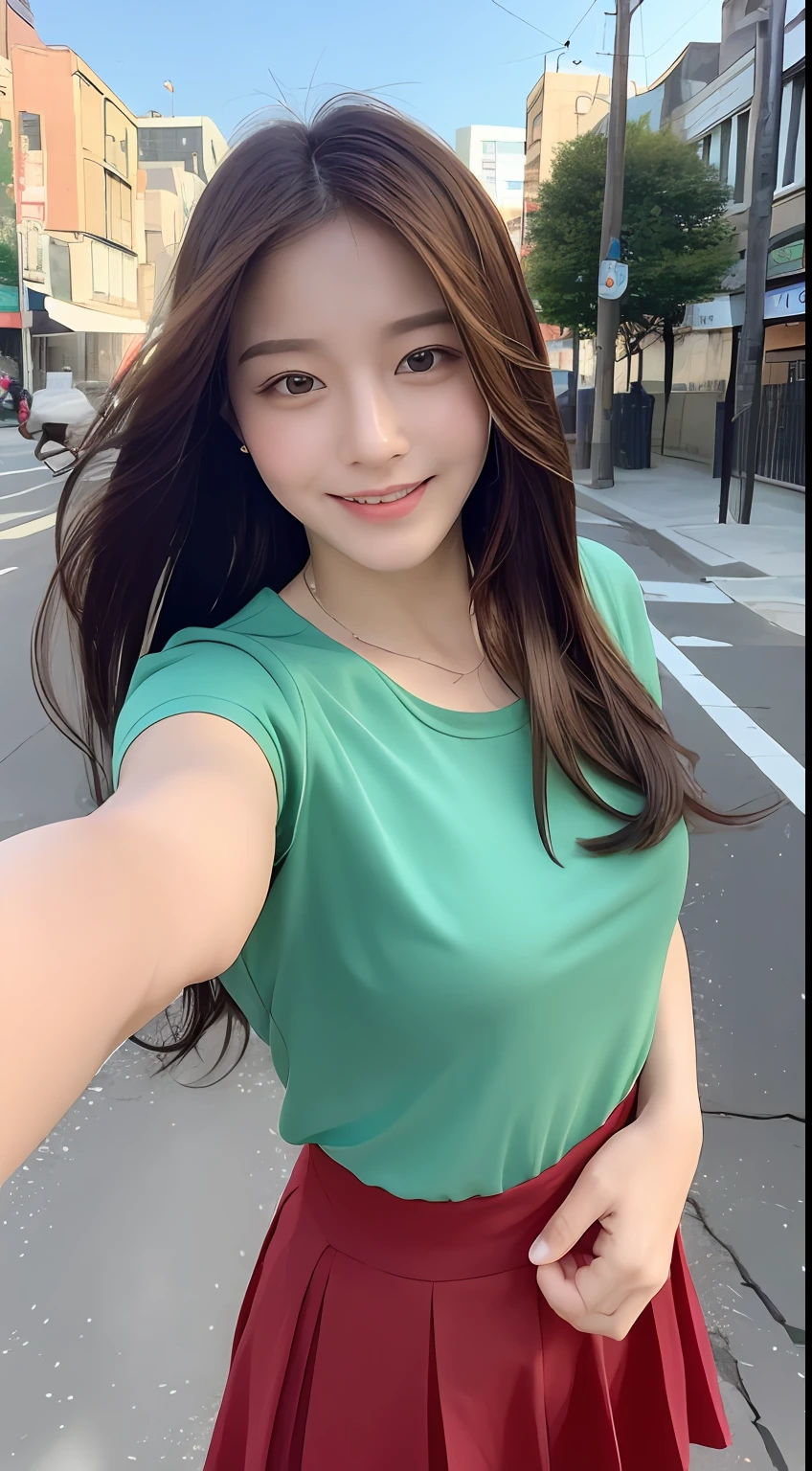 ((top-quality、8K、masterpiece:1.3))、1girl in、A smile、full body Esbian、Slim Faces、Pretty women、g-cup:1.2、Valley、 Fluffy longhair、(dark brown hair) 、Thin shirt、Short skirt:1.1、hyperdetailed face、A detailed eye、二重まぶた、blured background、Slim Faces、城市、takeout、a street、Stay with the dog:1.3、pet、Staring at the dog、Frolic with pets、prety dog