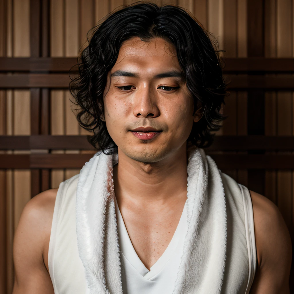 Hidenori Yamano, RAW photo, 1人, Solo, towel around neck, Sauna, Male focus, Closed eyes, (highdetailskin:1.2), 8K  UHD, Digital SLR, Soft lighting, High quality, filmgrain, Fujifilm XT3