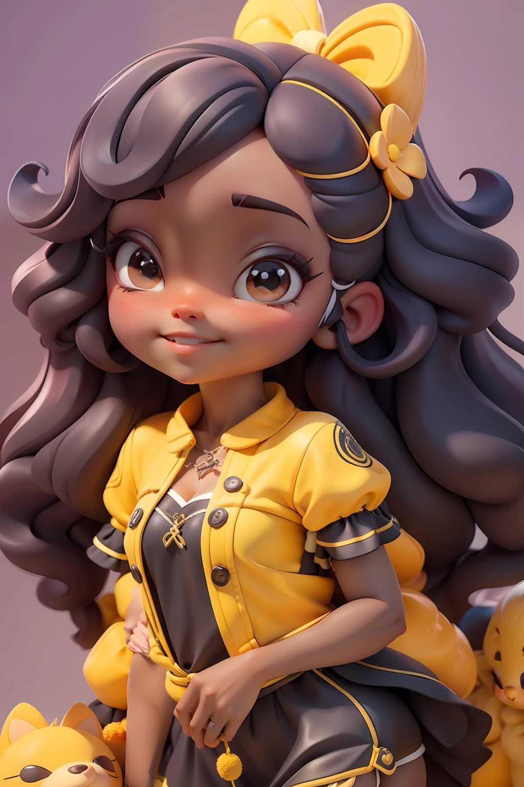 Avatar fada negra, tons amarelo e preto, sorriso meigo e delicado, asas brilhante, vestida com uma jardineira, corpo inteiro,pele clara e olhos delicados e definidos,cartoon 3D com blusa delicada,, casaco peludinha, cabelos multicolor, fundo simples e branco