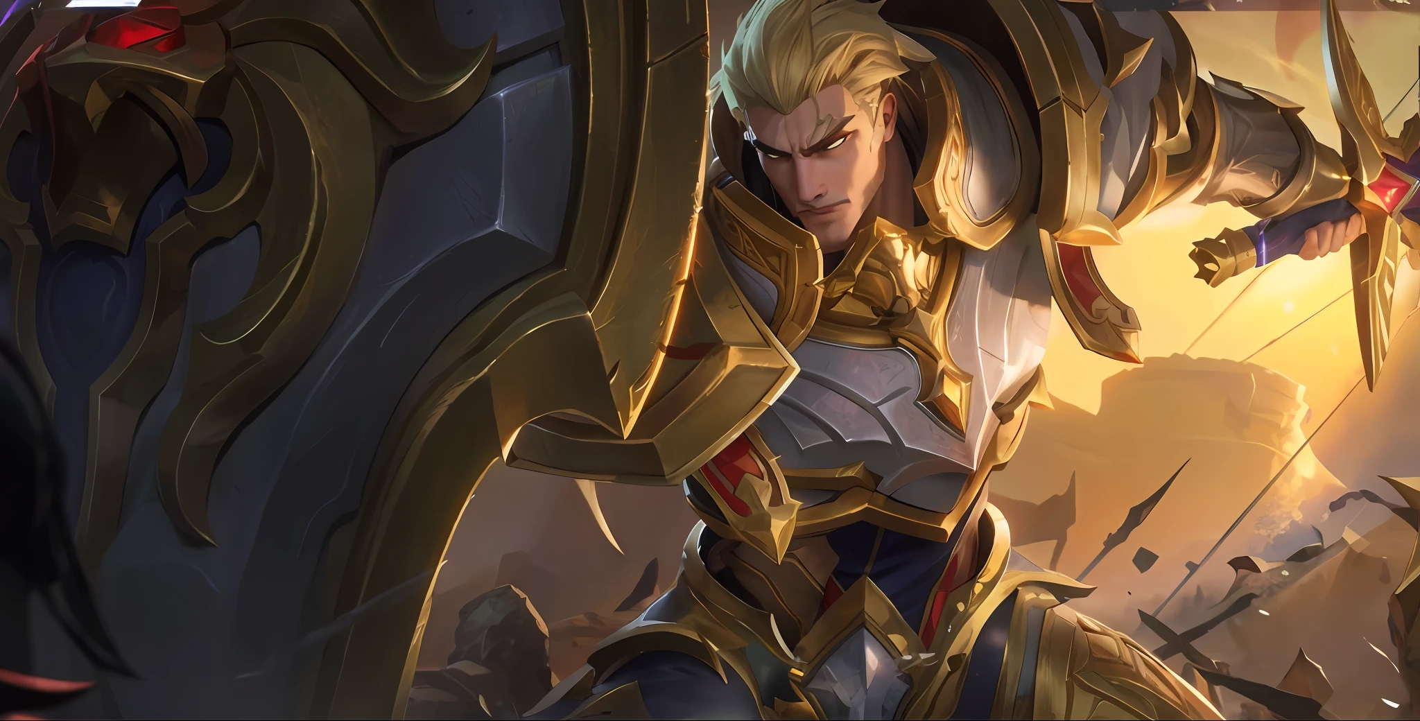 um close up de uma mulher com uma espada e um escudo, paladino de ouro, arte oficial splash, Gilgamesh, arte splash, League of Legends arte splash, Album art, inspirado por Huang Shen, Arte do personagem de League of Legends, Personagem de League of Legends, Splashart de League of Legends, Paladino masculino, Arte de League of Legends, Thertrevkaiser