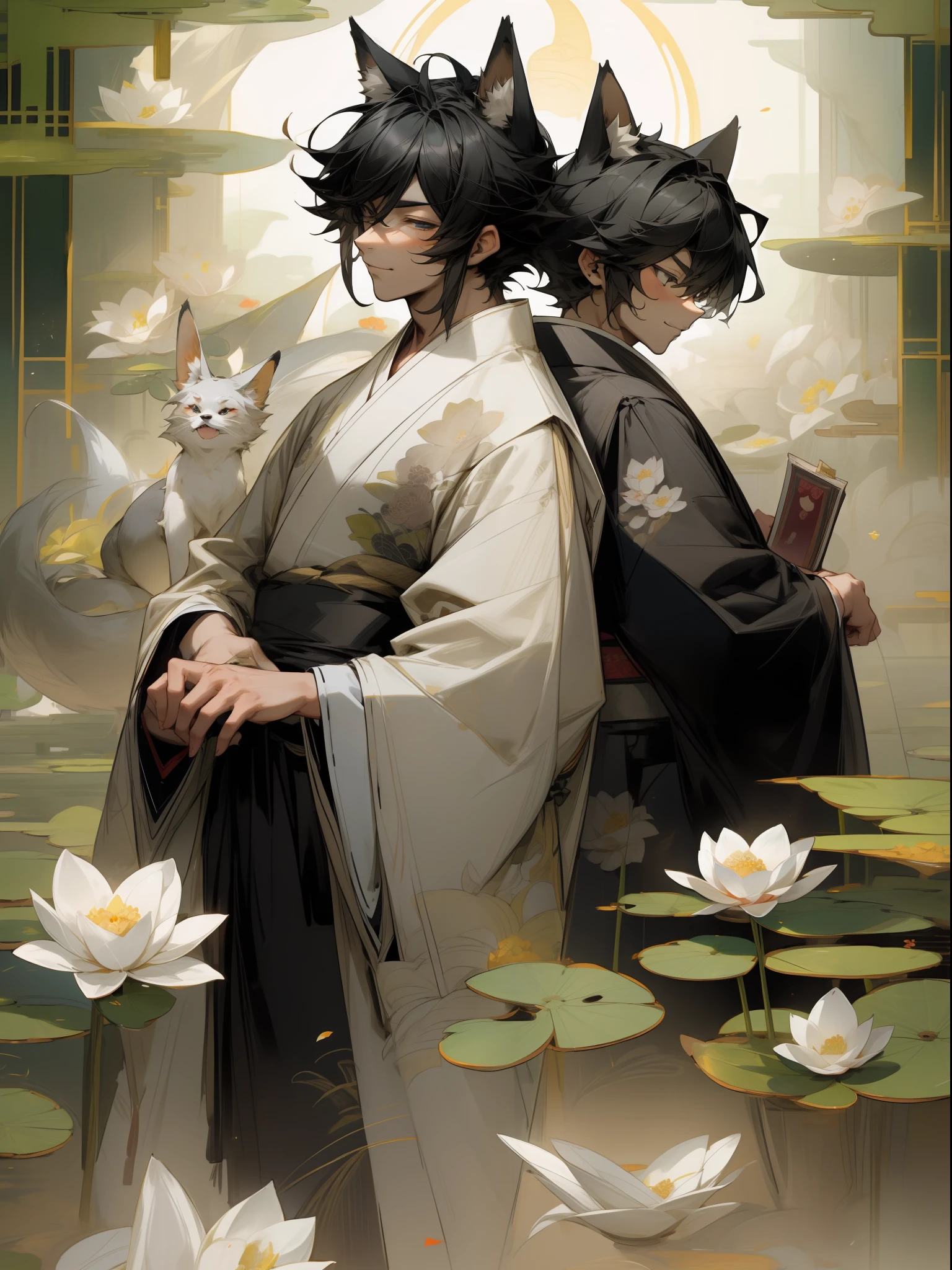 ((4K、masterpiece、top-quality))、(Two men smiling face to face)、Gray-haired man with beautiful fox ears、Armin、Strong man with black hair with wolf ears、Alvin、ink and watercolor painting、Traditional Chinese Ink Painting、lotuses、Hanfu、Maxi Kit、Dress conservatively、Animal ears,、bule、florals、Lots of flowers nearby、shenron、extra detailed face