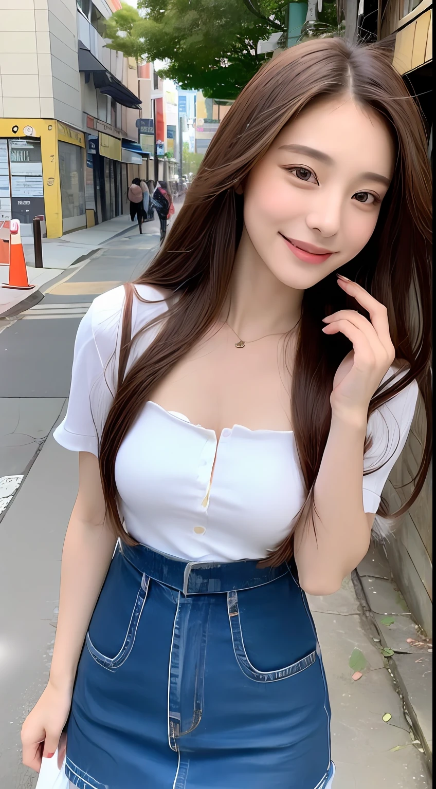 ((top-quality、8K、masterpiece:1.3))、1girl in、A smile、full body Esbian、Slim Faces、Pretty women、g-cup:1.2、Valley、 Fluffy long hair、(dark brown hair) 、Thin shirt、tight skirts:1.1、hyperdetailed face、A detailed eye、二重まぶた、blured background、Slim Faces、城市、takeout、a street、Stay with the dog:1.3、pet、Staring at the dog、Frolic with pets、prety dog
