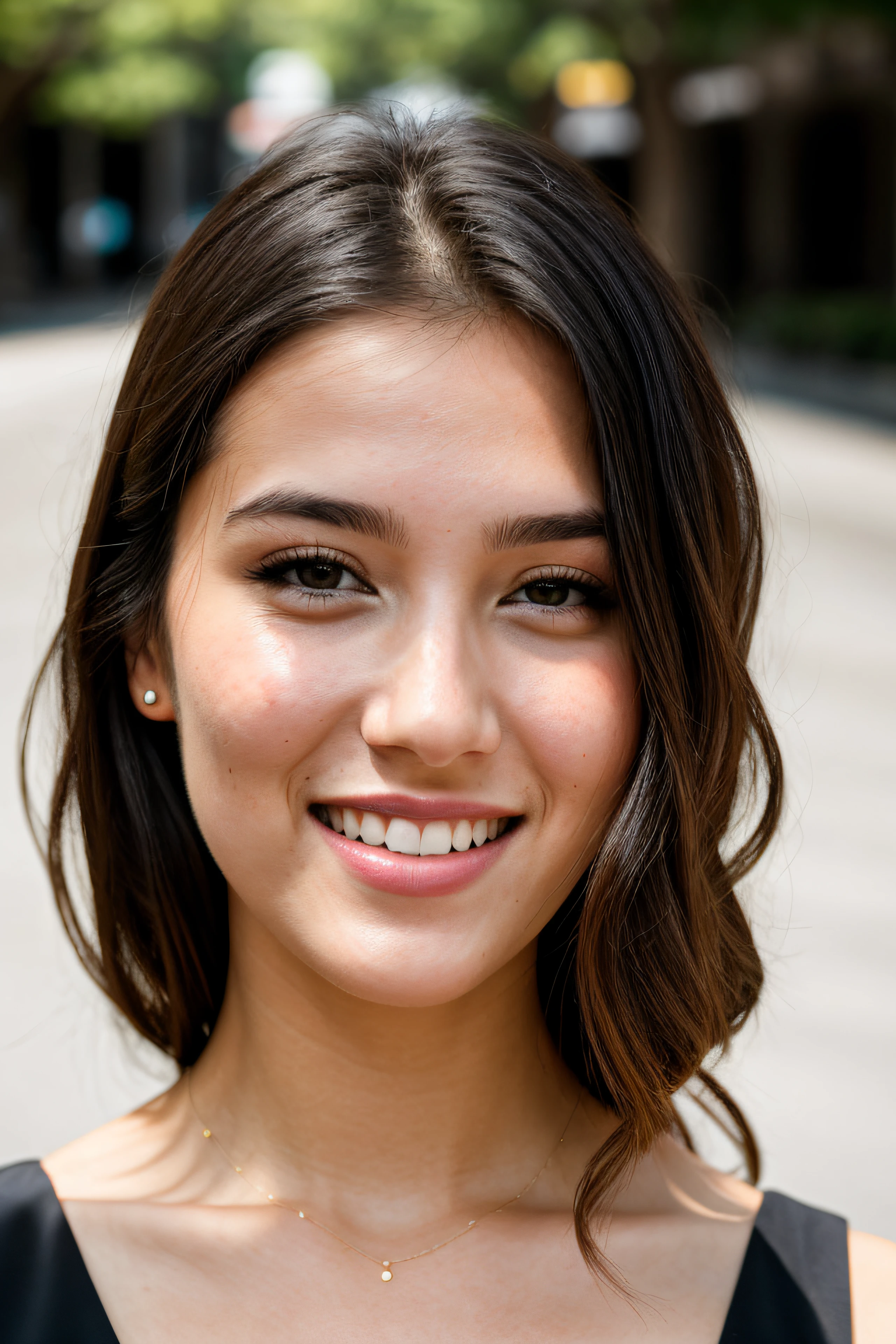 RAW photo, face portrait photo of beautiful 26 y.o woman, cute face, wearing black dress, happy face, hard shadows, cinematic shot, dramatic lighting