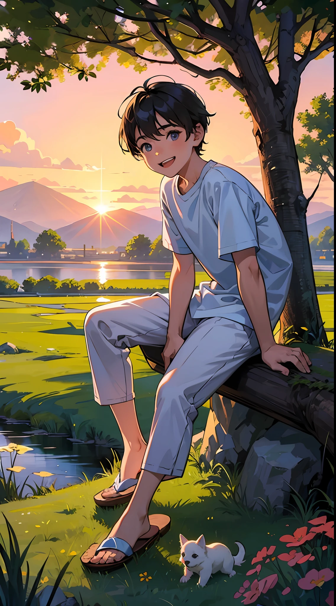 A happy little boy，Dressed in casual attire，Wear slippers，Sit on the rocks of the meadow，The background is the village，There is a cute little dog next to it，Sunset and sunset，Face the camera，Full body photo，Ultra-high definition