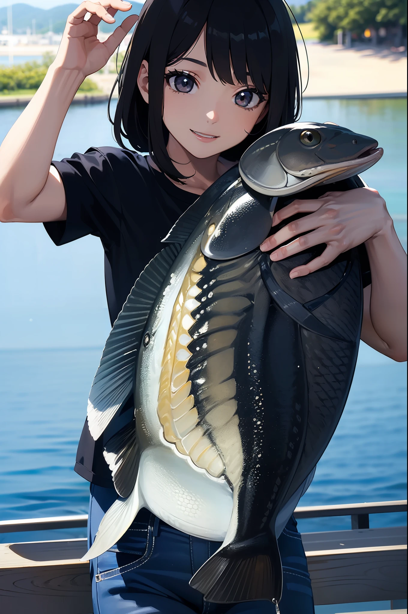 (((Catch a big blackbass by the lakeside:1.1))),((Best quality, Masterpiece :1.3)),1 japanese mature female,black hair, longeyelashes, solid circle eyes, light smile, drop shadow, atmospheric perspective, 8k, super detail, ccurate, best quality, middle breasts,black jacket, Black T-shirt ,navy blue jeans,