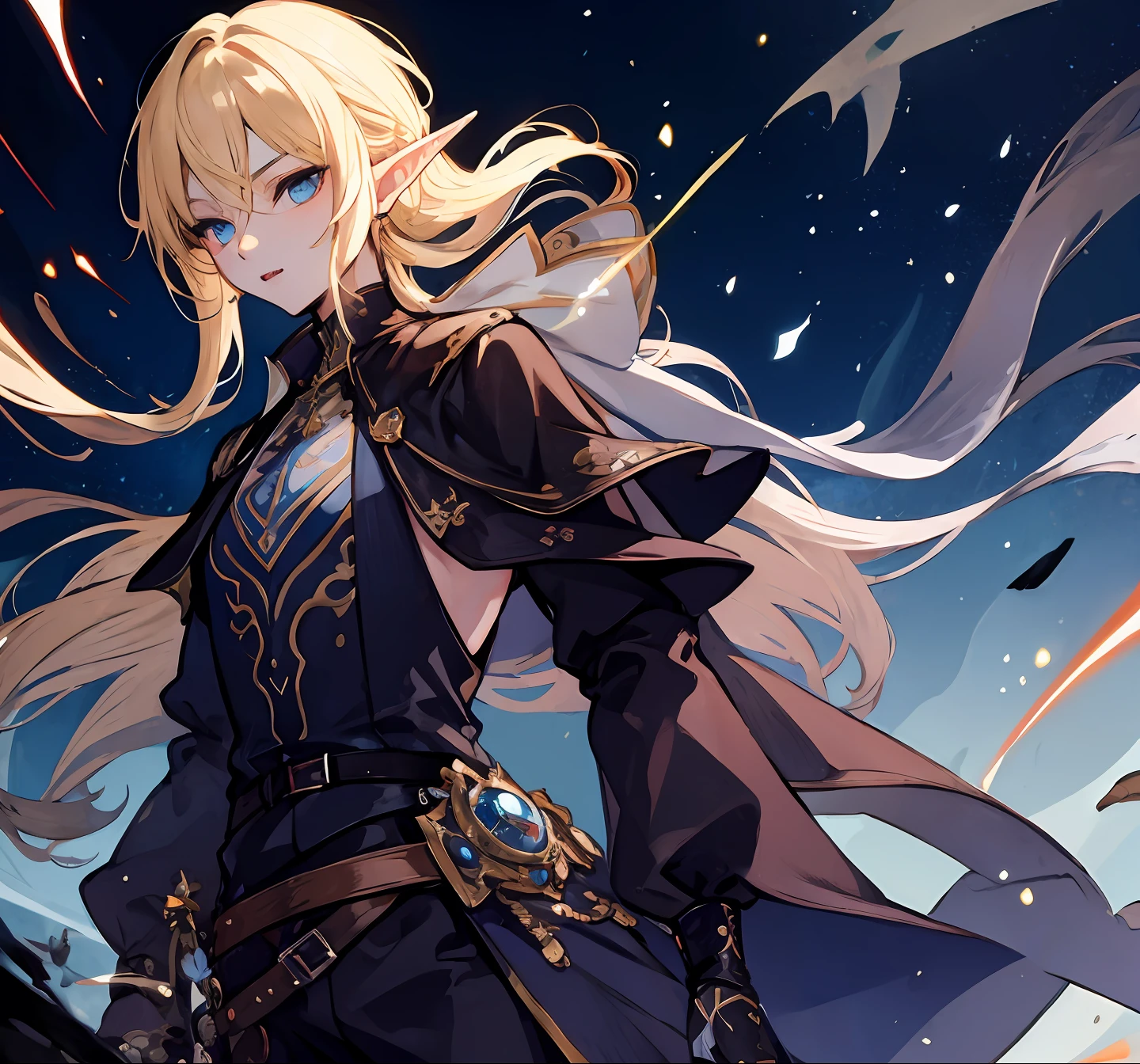 (Masterpiece:1.4), (best quality:1.2), (illustration:1.2), detailed face, 1boy, androgynous, black clothes, blonde hair, upper body, cowboy shot, (sadistic evil face), long hair, blonde hair, ouji style clothes, light blue eyes, elf, feminine face, 1 woman, (Elf Woman), androgynous