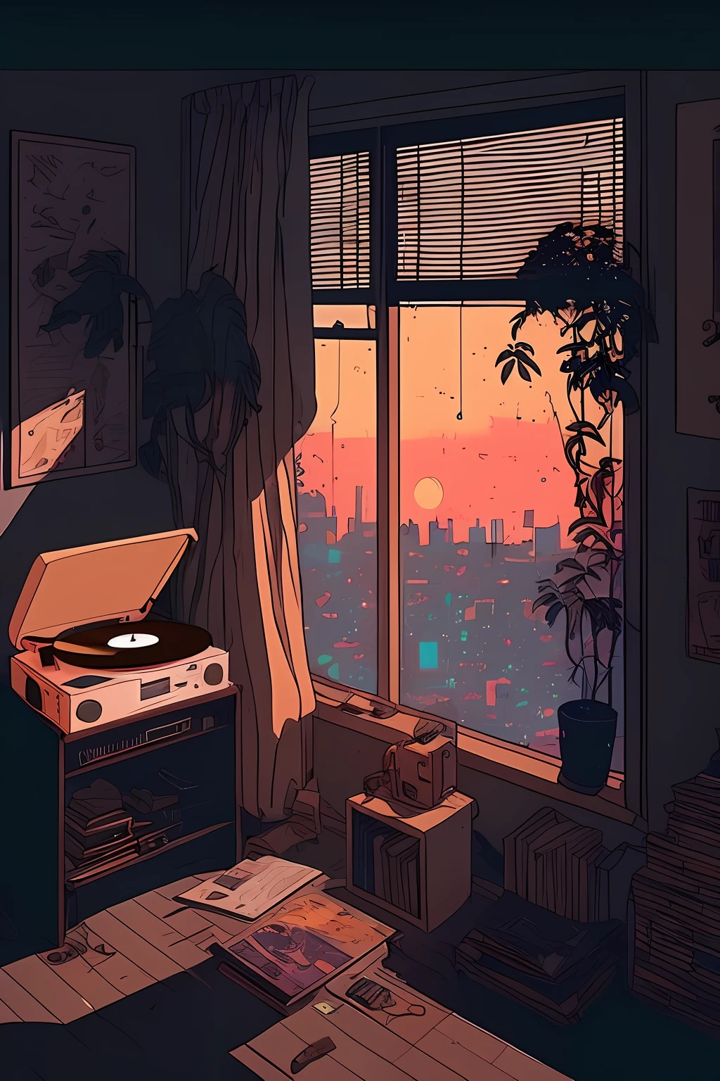 There is a picture of a room with a record player, lo-fi illustration style, lofi vibrations, Arte Lofi, Elogio Artstyle, Hip Hop Lofi, arte Lo-fi, lofi aesthetic, vibe lofi, Lofi Sensation, lofi album art, Chillhop, cores lofi, menina lofi, Lo-fi