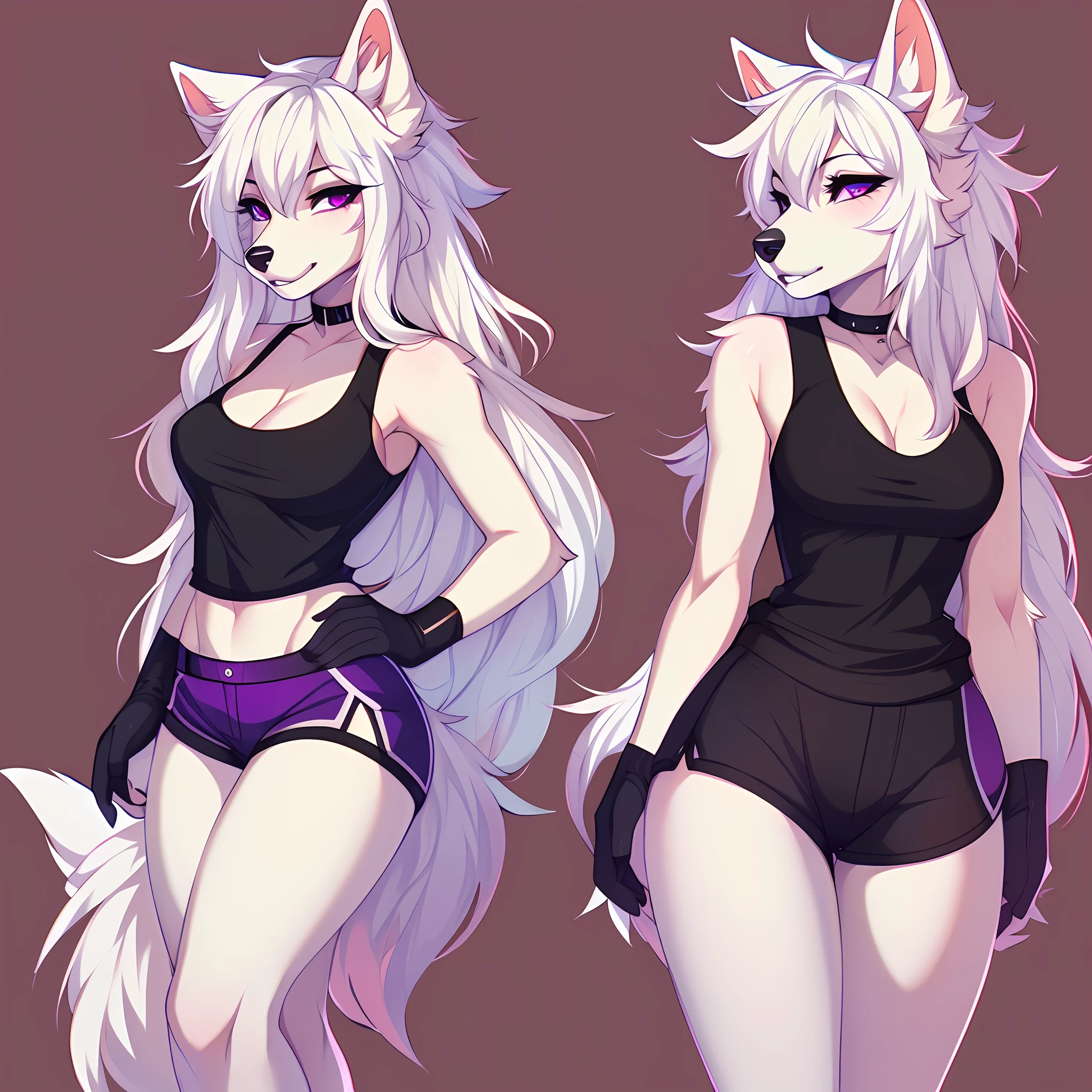 (By hyattlen, by fumiko, by claweddrip:1.2), solo, one girl, Cute white anthro furry wolf girl, female, white fur, white fluffy body, black nose, (cute snout:1.1), white fluffy tail, long white hair, simple solid purple eyes, highly detailed, canine teeth, (looking away:1.1), wearing black tank top, cut off black gloves, black shorts, barefoot, black choker, simple background, standing, neutral position, canine teeth, full body shot
