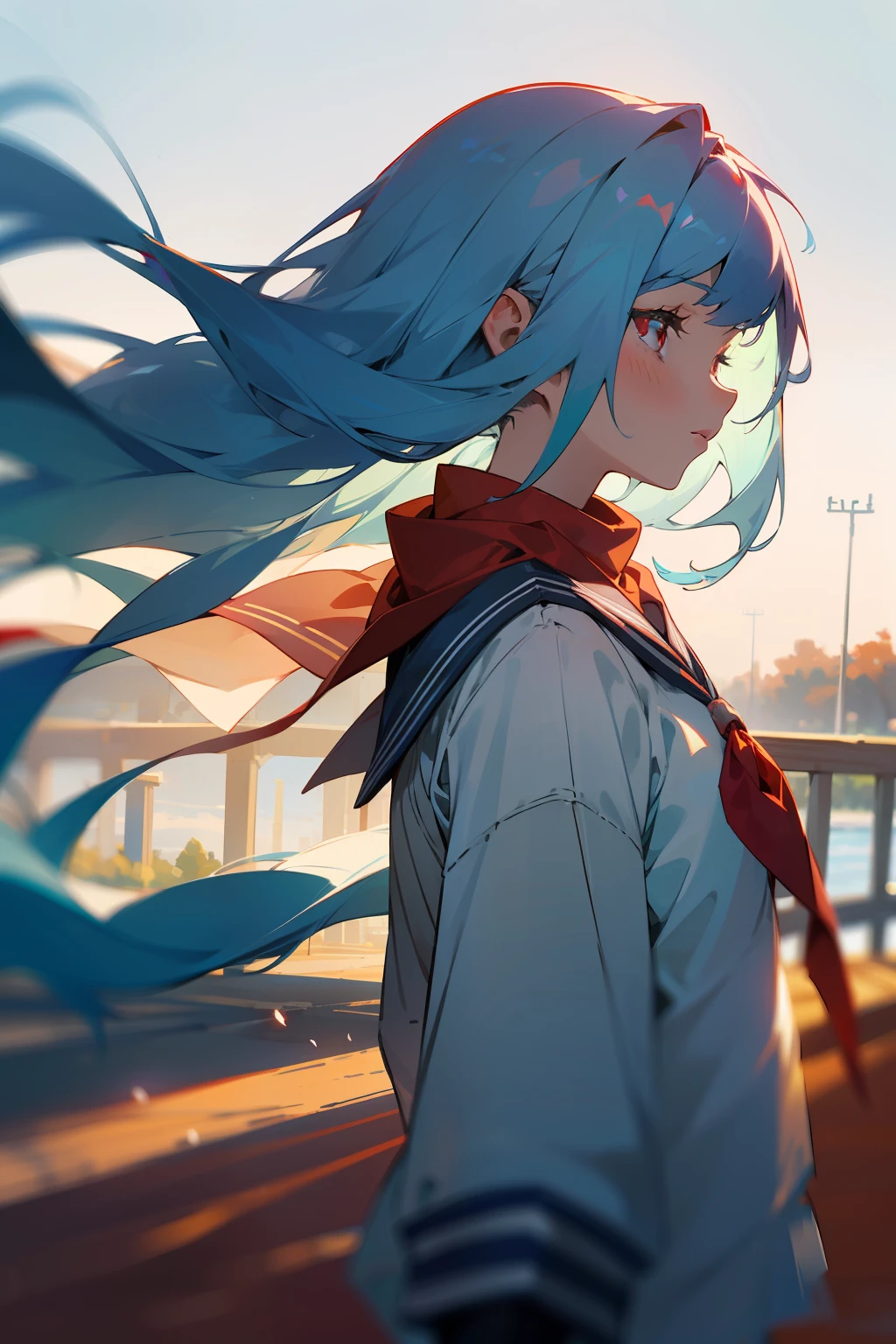 artistic photograph, Real light and shadow on a sunny day,autumnal,On the road,((a sailor suit)),1 beautiful girl,sideface,The upper part of the body,(((Long light blue hair))),Red eyes,(long hair),(Red scarf),windy