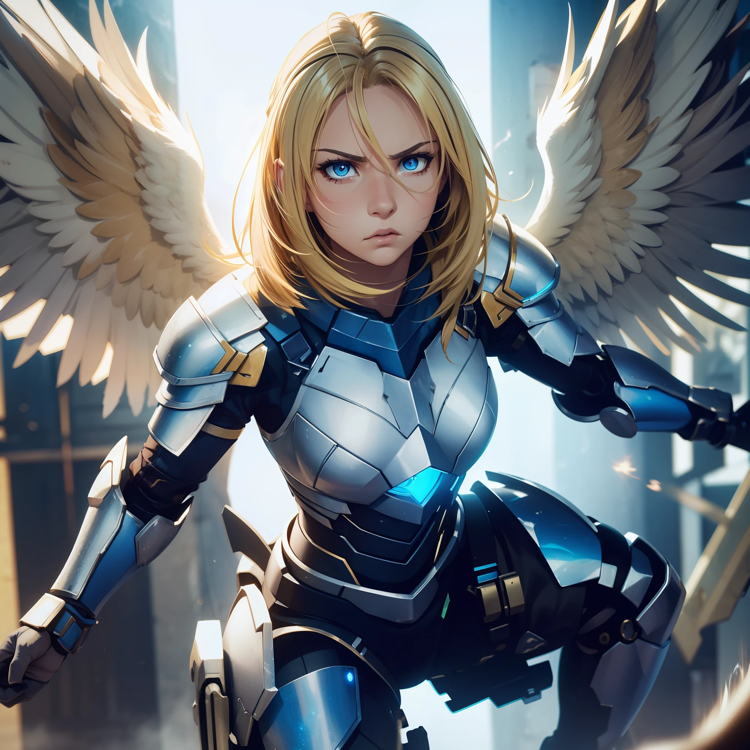 (highres, best quality, masterpiece), depth of field, adult female, solo, bold colors 4K, dramatic lighting, action scene, blonde hair, hair parted, hair between eyes, blue eyes, (detailed eyed), looking fierce, serious expression, angry expression, looking out into the distance, looking away, smooth skin, fully body, physically fit body, mechanical armor, (high-tec armor), angelic wings, white wings, hovering in the air, gliding in the air, making a fist, looking to strike, closed_mouth, crouching down, shooting a beam of light from her hand, firing a blast of blue light from her palm, a beam of pure energy
