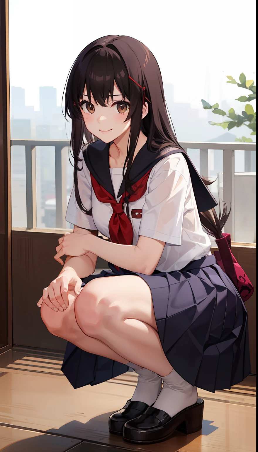 1girl in、A smile、The shirt、skirt by the、(small tits)Chilarism、Japan High School Student Uniform、serafuku、summer clothing、Squall Drenched Uniform、(Sheer Bra)、Upper body portrait、light cream hair、Squatting panchira、