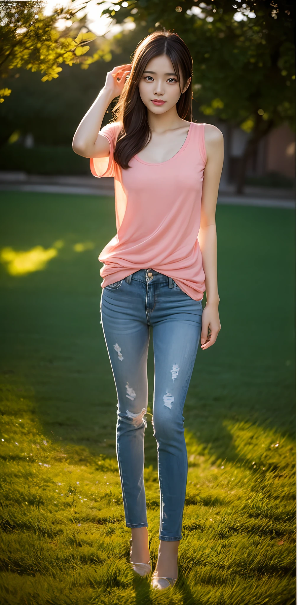 1 beautiful woman taking pictures on the grass of the villa,RAW photos,tmasterpiece,(highdetailskin:1.2),8k ultra high definition,digital SLR camera,gentlesoftlighting,high high quality,filmgrain,富士XT3,20 years old Asian woman,Wear simple clothes,T-shirt and skinny jeans,Detailed clothing details:1.3,perfect body figure,Perfect and nipple The legs are straight and slender,Branded stylish shoes:0.6,Super detai facial details and skin,Fair pink face and skin,The skin is pink,with light glowing,二重まぶた,Super detailed eyes,(Gloss on lips, eyeslashes, Glossy face, Best quality, Super high resolution, warm color,Wide lighting, naturalshadow), Sexy, Full body oting: 1.8