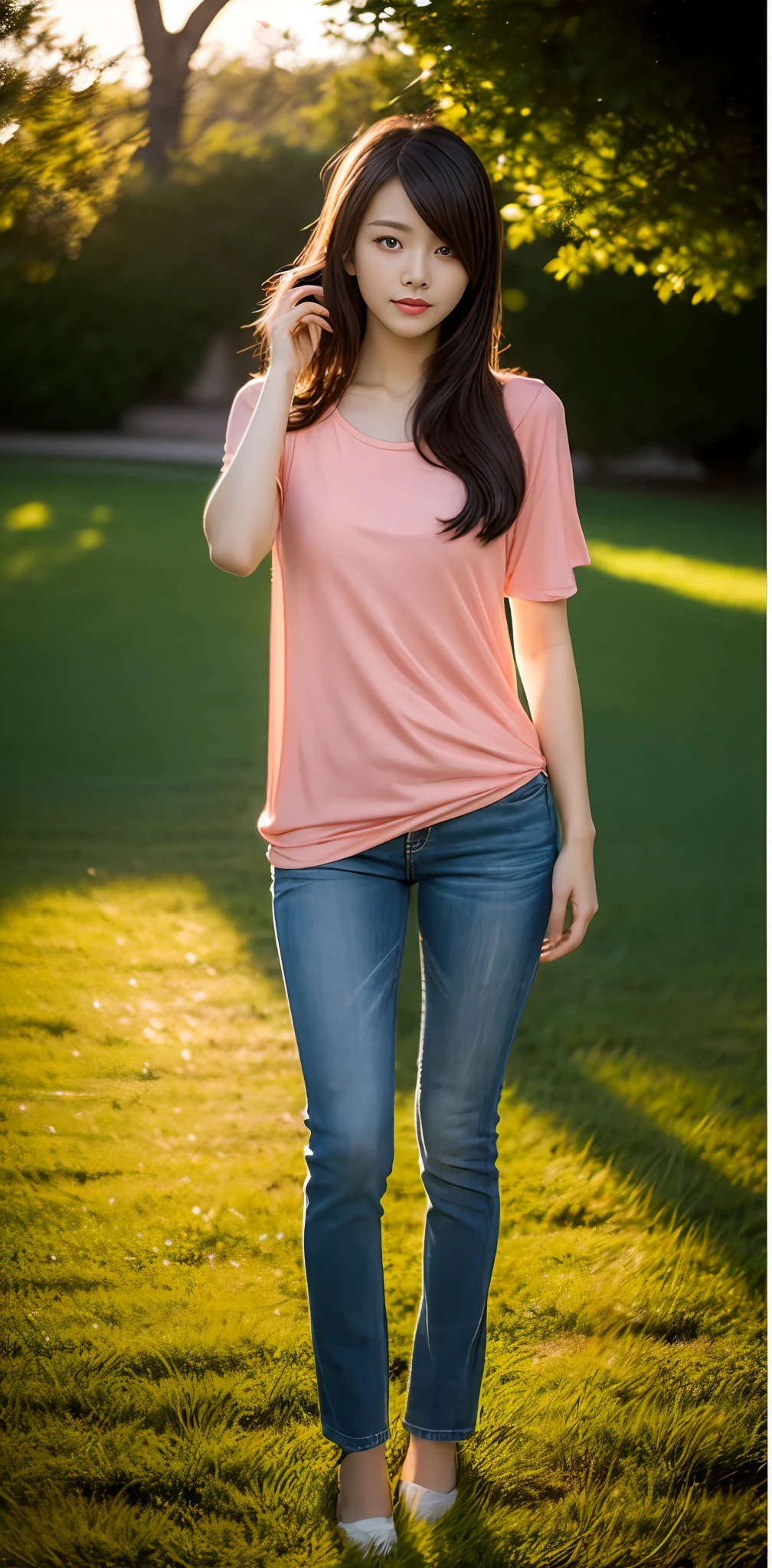 1 beautiful woman taking pictures on the grass of the villa,RAW photos,tmasterpiece,(highdetailskin:1.2),8k ultra high definition,digital SLR camera,gentlesoftlighting,high high quality,filmgrain,富士XT3,20 years old Asian woman,Wear simple clothes,T-shirt and skinny jeans,Detailed clothing details:1.3,perfect body figure,Perfect breasts and nipple bulge,The legs are straight and slender,Branded stylish shoes:0.6,Super detailed facial details and skin,Fair pink face and skin,The skin is pink,with light glowing,二重まぶた,Super detailed eyes,(Gloss on lips, eyeslashes, Glossy face, Best quality, Super high resolution, warm color,Wide lighting, naturalshadow), Sexy, Full body shooting: 1.8