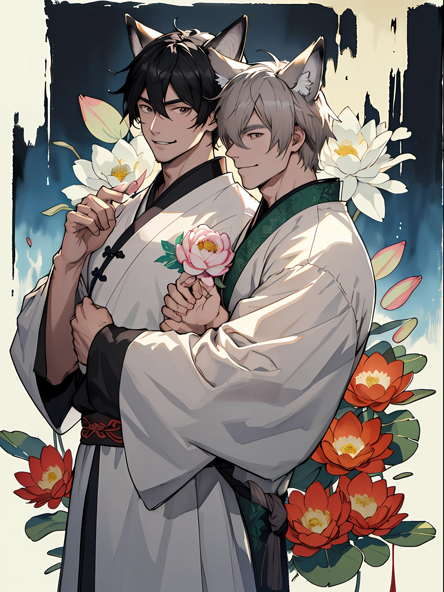 ((4K、​masterpiece、top-quality))、(Two men smiling face to face)、Gray-haired man with beautiful fox ears、Armin、Strong man with black hair with wolf ears、Alvin、ink and watercolor painting、Traditional Chinese Ink Painting、lotuses、Hanfu、Maxi Kit、Dress conservatively、Animal ears,、bule、florals、Lots of flowers nearby、shenron、extra detailed face