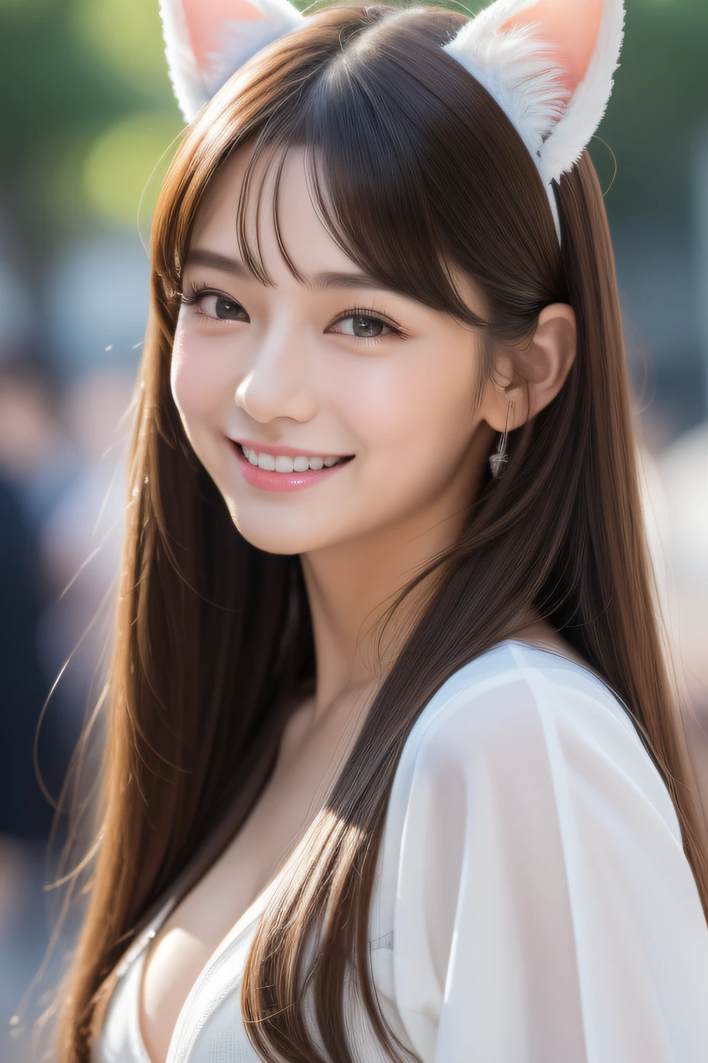 (8k、RAW Photography、top-quality、masuter piece:1.2)、ultra-detailliert、ultra res、(realisitic、rialistic photo:1.37)、portlate、high-definition RAW color photography、Professional Photography、highly detailed and beautiful、ighly detailed、8K wallpapers、amazing detailed、huge filesize、Official Art、Highly detailed CG Unity 8k wallpapers、highly detailed beautiful girl、extra detailed face、extremely detailed eye、highlydetailed skin、extremely detailed fingers、highly detailed nose、very detailed detailed mouth、Perfect ???????、highly detailed back ground、Highly detailed clothing、女の子 1 人、(18:1.2)、Teen、Cute little girl s、famous Japan idol、cute little、Realistic body、小柄、de pele branca、glistning skin、Slim body、handsome body、brown haired、Straight Long、a smile、kawaii、zora々Right、kawaii faces、lifelike face、Delicat eyes、Sauce order、onepiece、Cat ears on the head、耳?????? Ring、Looking at the camera、cowboy shot、front facing、Standing、Contrapo, high street, public, 动态照明,