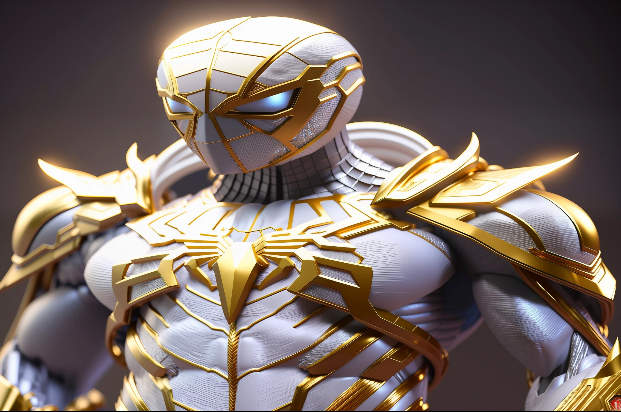 a close up of a statue of a man with a gold and white costume, super detailed render, 3 d render character art 8 k, intricate white and gold armor, full samurai armor spiderman, high detail iconic character, 8k render”, octane render ”, octane render”, super detailed octane render, super rendered in octane render, hyper detailed 3 d render, futuristic style spiderman