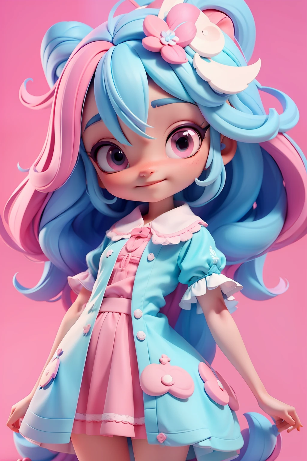 Avatar bruxinha multicolor, tons rosa pink e azul turquesa, sorriso meigo e delicado, vestida com uma roupa detalhada, corpo inteiro,pele clara e olhos delicados e definidos,cartoon 3D com blusa delicada,, casaco peludinha, cabelos multicolor, fundo simples e branco