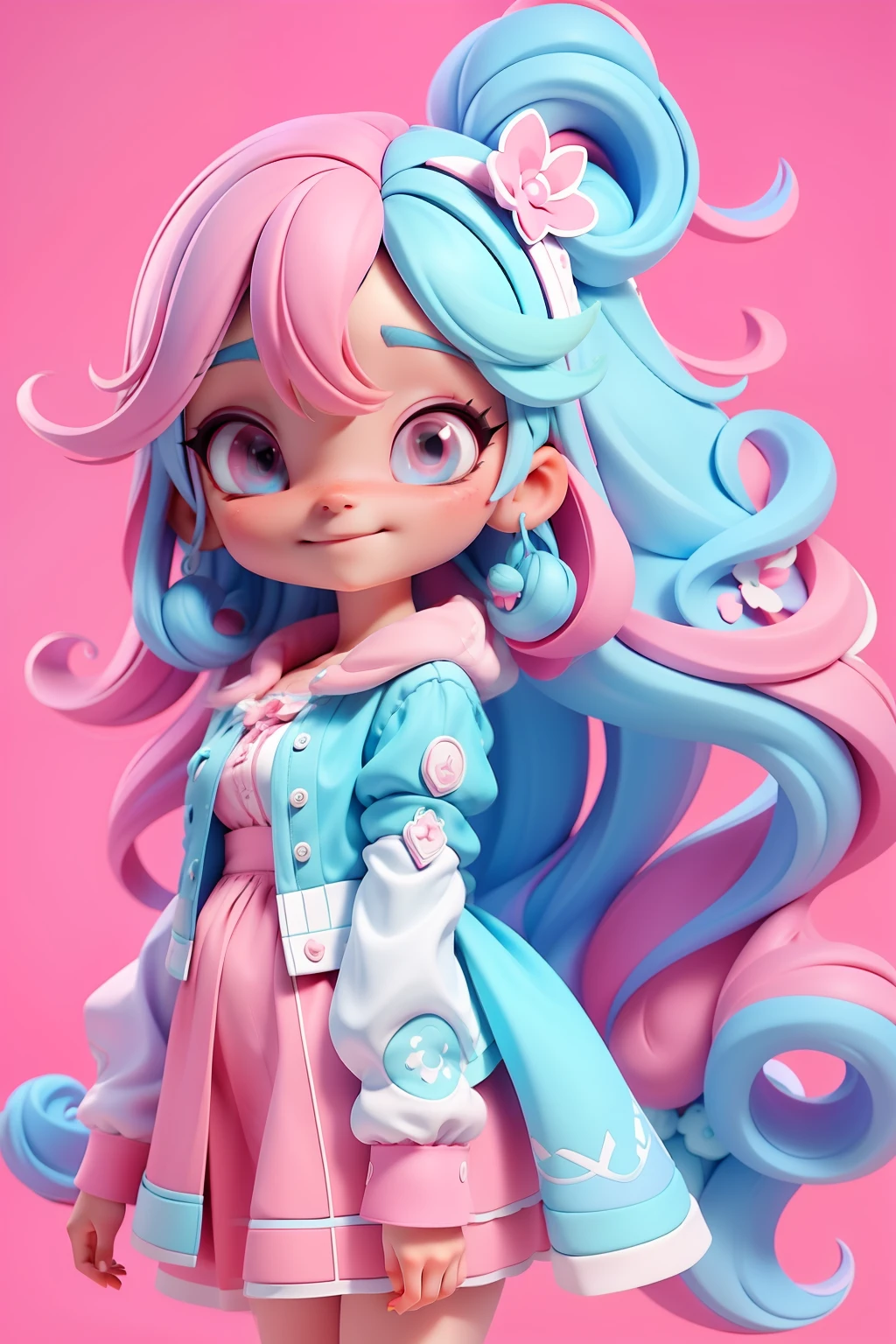 Avatar bruxinha multicolor, tons rosa pink e azul turquesa, sorriso meigo e delicado, vestida com uma roupa detalhada, corpo inteiro,pele clara e olhos delicados e definidos,cartoon 3D com blusa delicada,, casaco peludinha, cabelos multicolor, fundo simples e branco