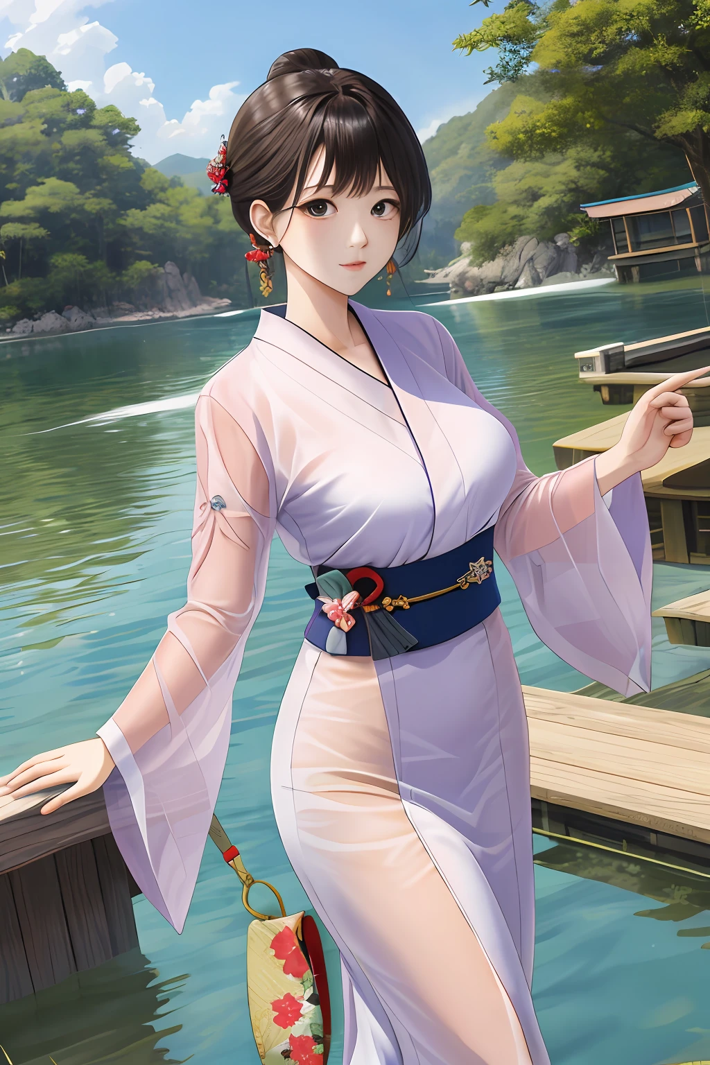 Large-breasted female、whaite hair、Transparent clothing: bare , leaky chest kimono