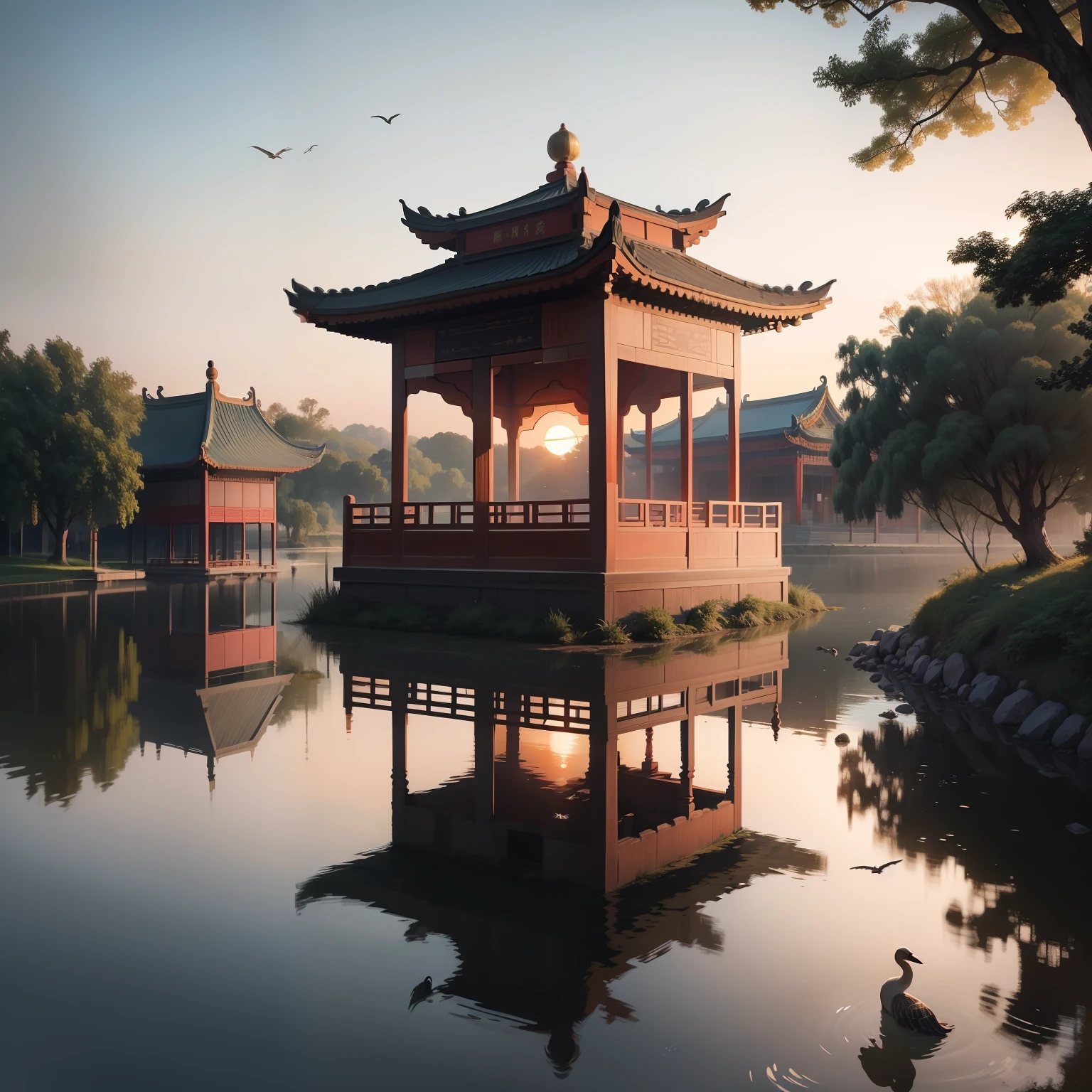 tmasterpiece，illustration，The sunset is shining，Several wild geese flew in the air，There is an old Chinese pavilion building by the water，The water is calm；