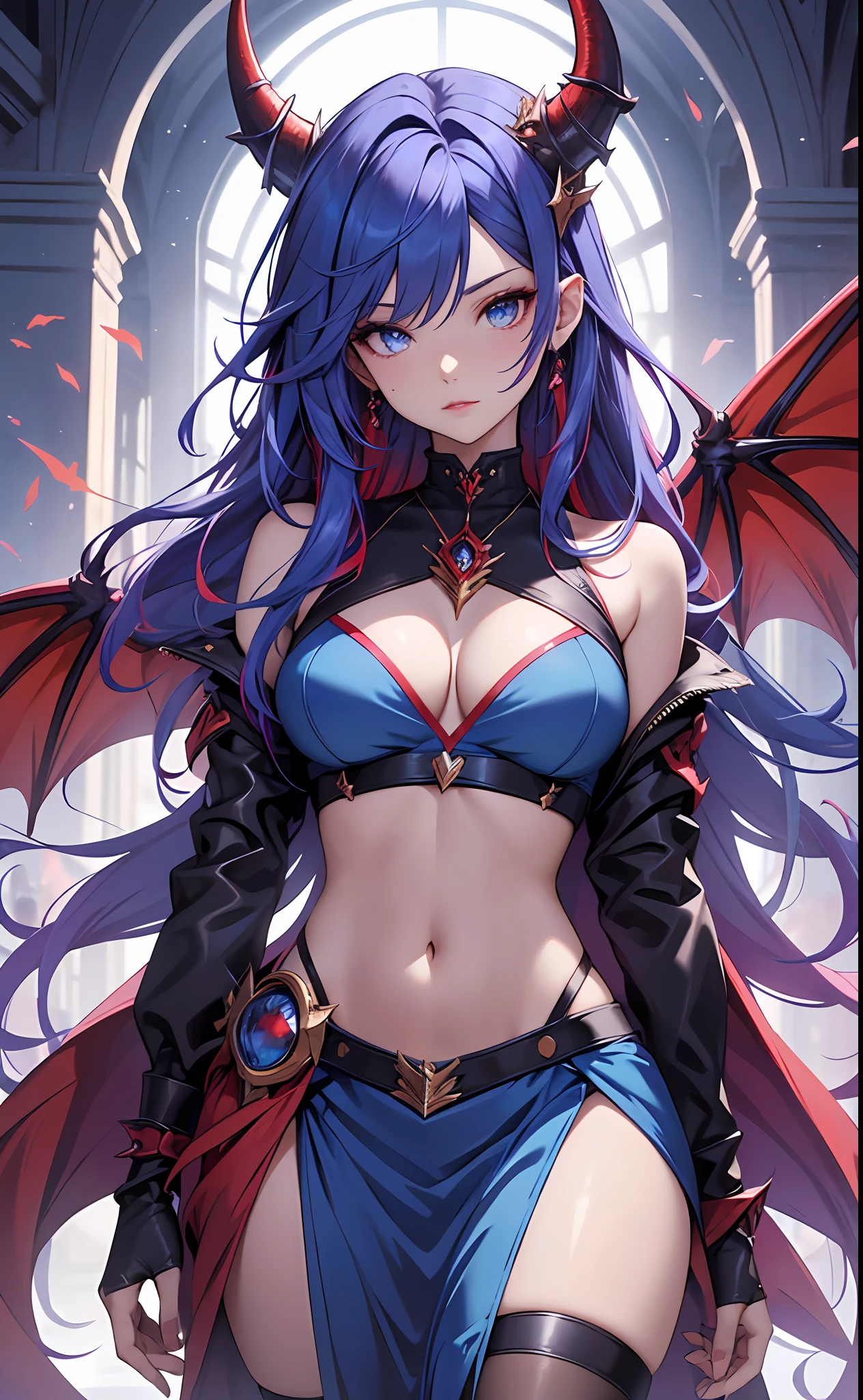 best qualityer,tmasterpiece,Ultimate resolution,downy,Extremely colorful,Colorful,Dragon beauty,Mature face shape,Long red and blue hair,blue color eyes,(Long red and blue hair),Redlip,Long messy hair,A pair of dragon horns,A pair of dragon wings,a matural female,Crop topping,Superskirt,The kinky is exposed,Sanctuary,Skysky,Normal posture