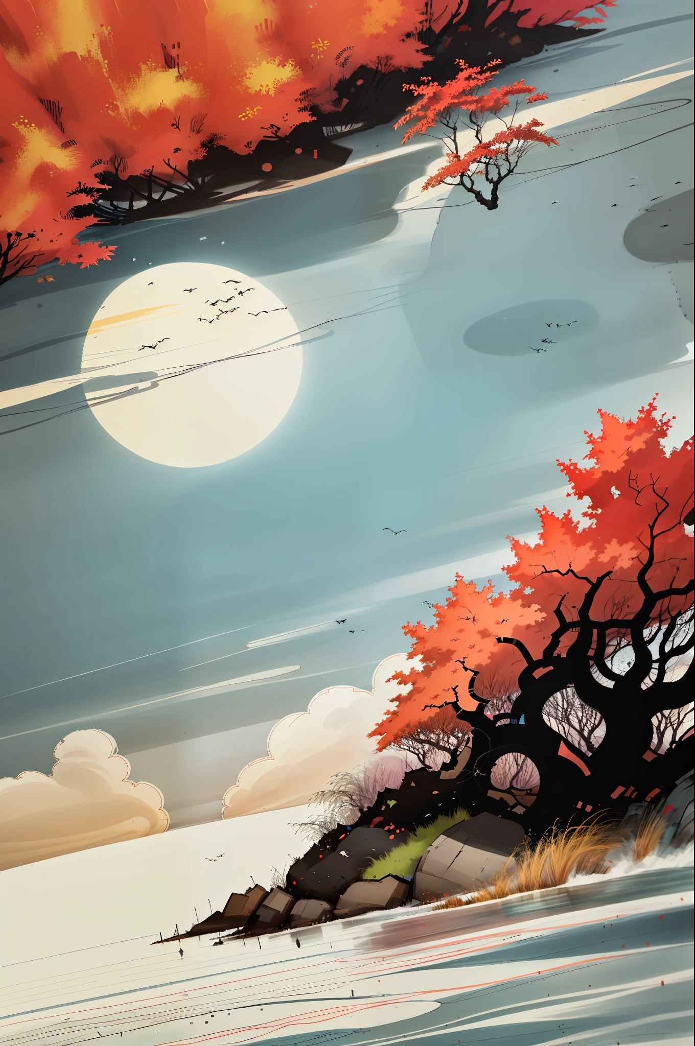 Windy autumn,The sky is high,The ape's mournful cry was mournful and desolate。The lake is crystal clear,The beach is white,Birds fly back。The endless fallen leaves are falling,Quietly covering the earth,And the Yangtze River is constantly rolling,The rush doesn't stop。