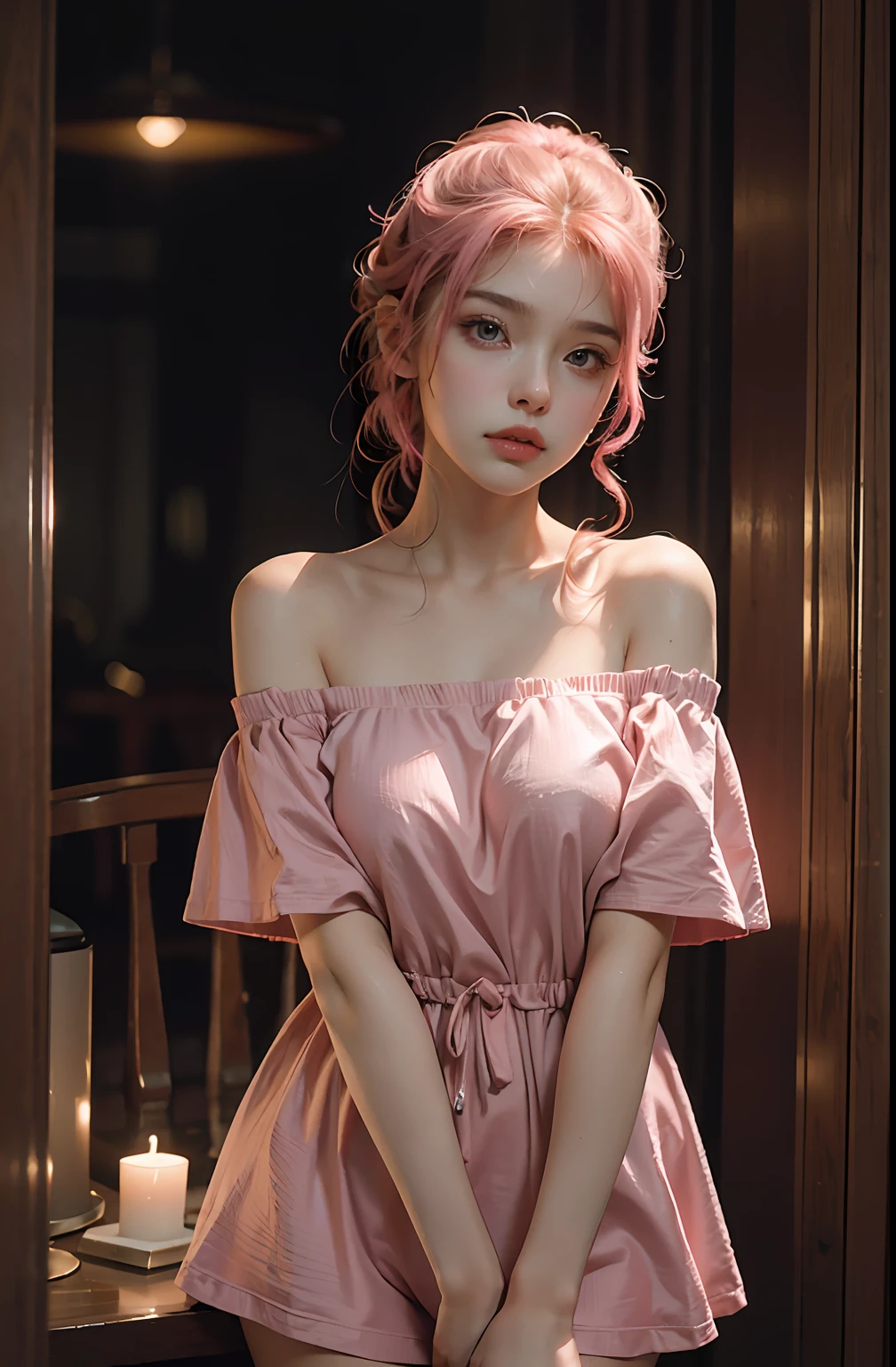 Best Quality, Masterpiece, Ultra High Resolution, (Realisticity: 1.4), Original Photo, 1girl, Pink Off-the-Shoulder, Cinematic Lighting
