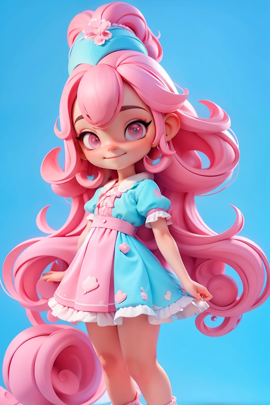 Avatar loli bruxinha multicolor, tons rosa pink e azul turquesa, sorriso meigo e delicado,  vestida com uma roupa detalhada, corpo inteiro,pele clara e olhos delicados e definidos,cartoon 3D com blusa delicada,, casaco peludinha, cabelos multicolor, fundo simples e branco