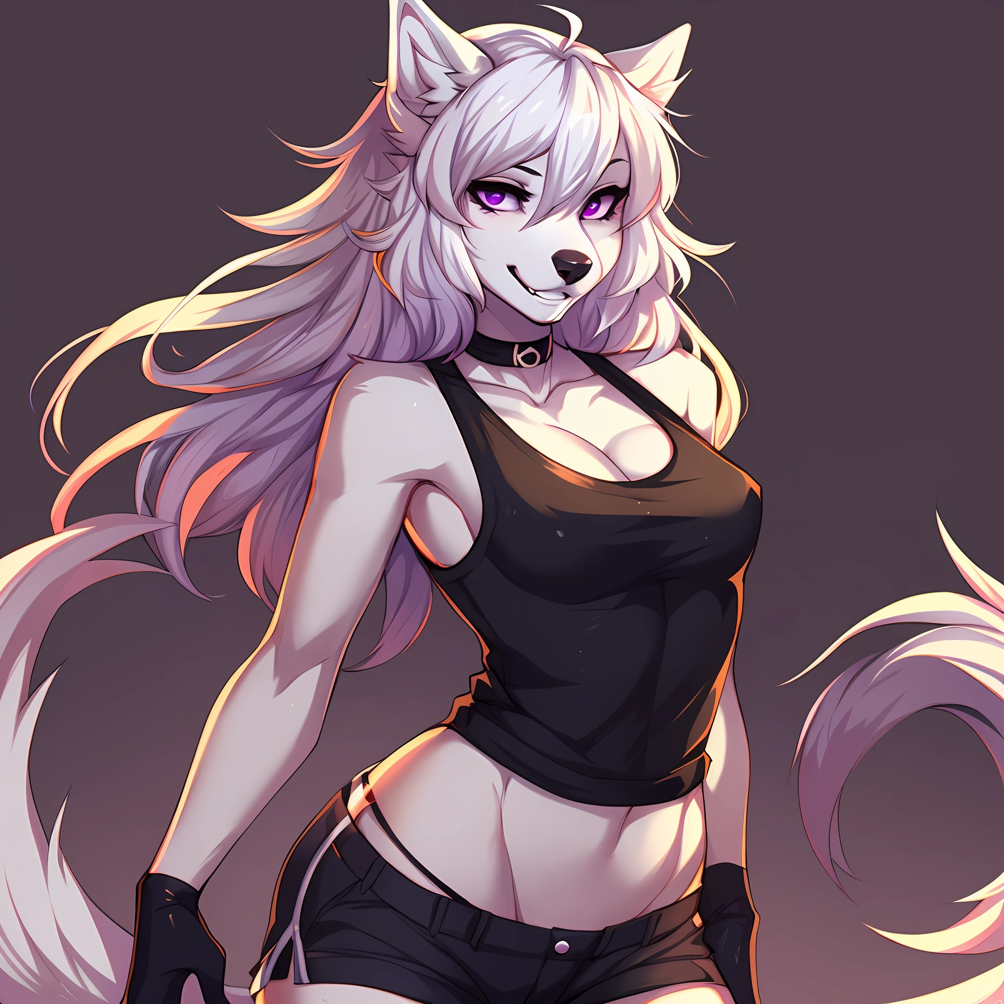 (By hyattlen, by fumiko, by claweddrip:1.2), solo, one girl, Cute white anthro furry wolf girl, female, white fur, white fluffy body, black nose, (cute snout:1.1), white fluffy tail, long white hair, simple solid purple eyes, highly detailed, canine teeth, (looking away:1.1), wearing black tank top, cut off black gloves, black shorts, barefoot, black choker, simple background, standing, neutral position, canine teeth, full body shot