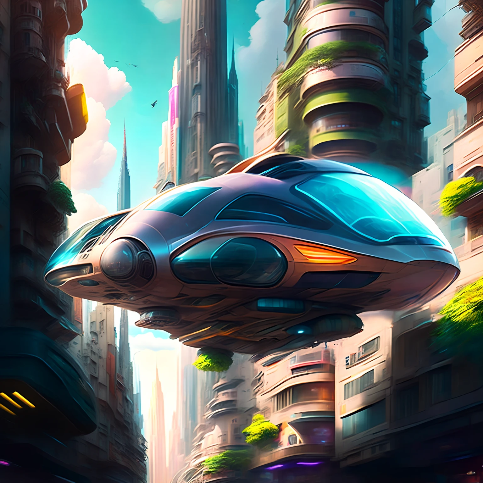 Hover Car in future metropolis, realistic, cinematic, cuberpunk, HOVERCAR STYLE, CAR, FLYING, AIR,CITY, STREET, THROUGH THE AIR, DRIVING, TALL, BUILDING, SCI - FI, CITYSCAPE