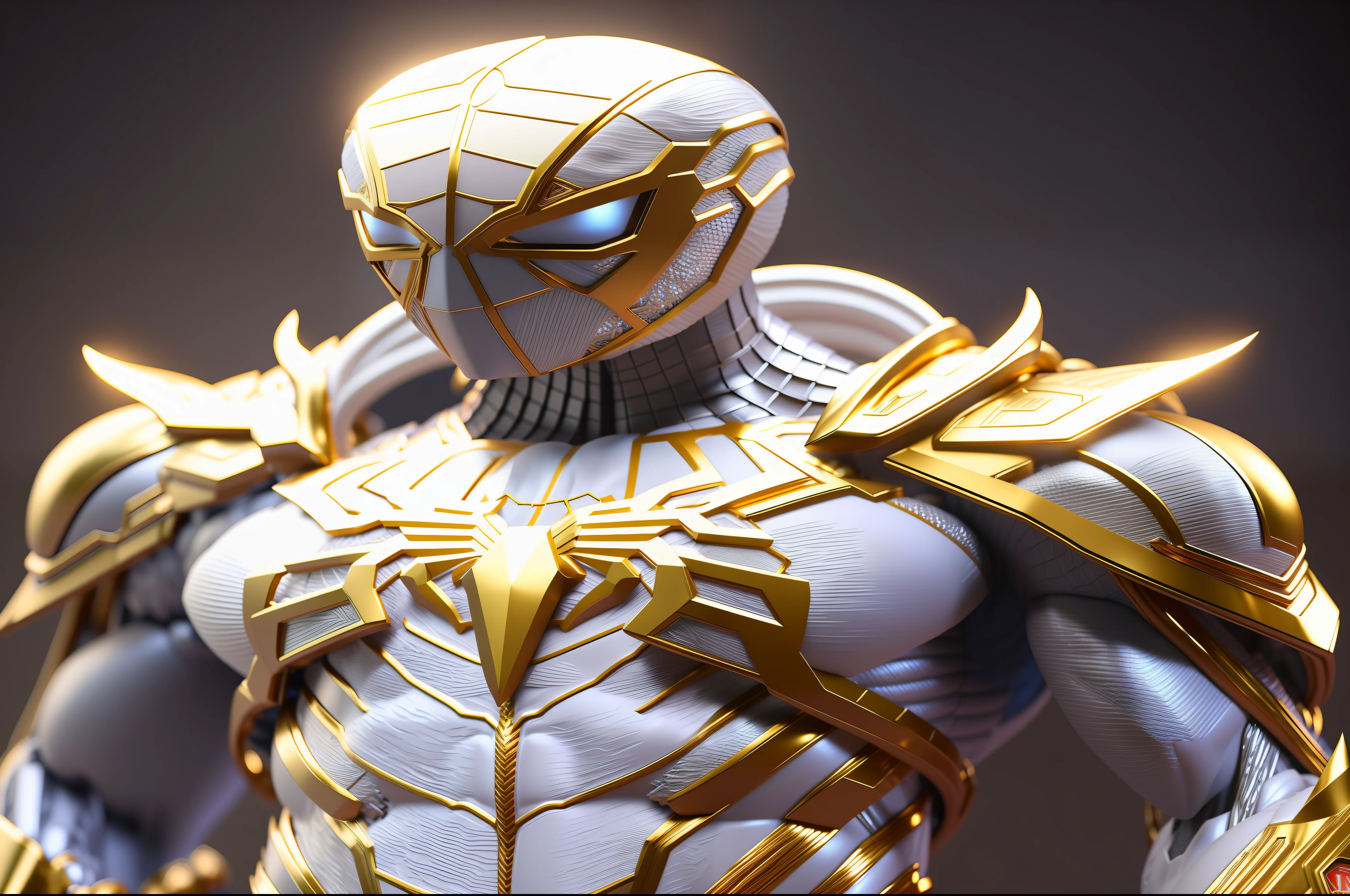a close up of a statue of a man with a gold and white costume, super detailed render, 3 d render character art 8 k, intricate white and gold armor, full samurai armor spiderman, high detail iconic character, 8k render”, octane render ”, octane render”, super detailed octane render, super rendered in octane render, hyper detailed 3 d render, futuristic style spiderman