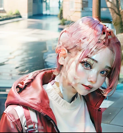 1girl, Sakura Haruno, Red Jacket, Short hair, Pink hair, realistic, ultra detail, 70mm lens