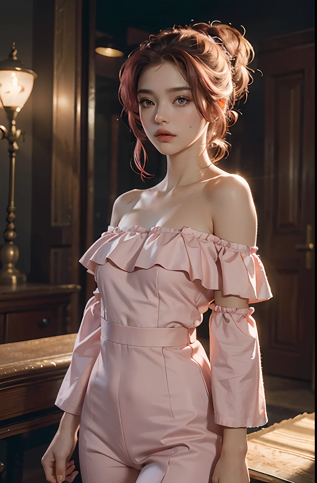 Best Quality, Masterpiece, Ultra High Resolution, (Realisticity: 1.4), Original Photo, 1girl, Pink Off-the-Shoulder, Cinematic Lighting