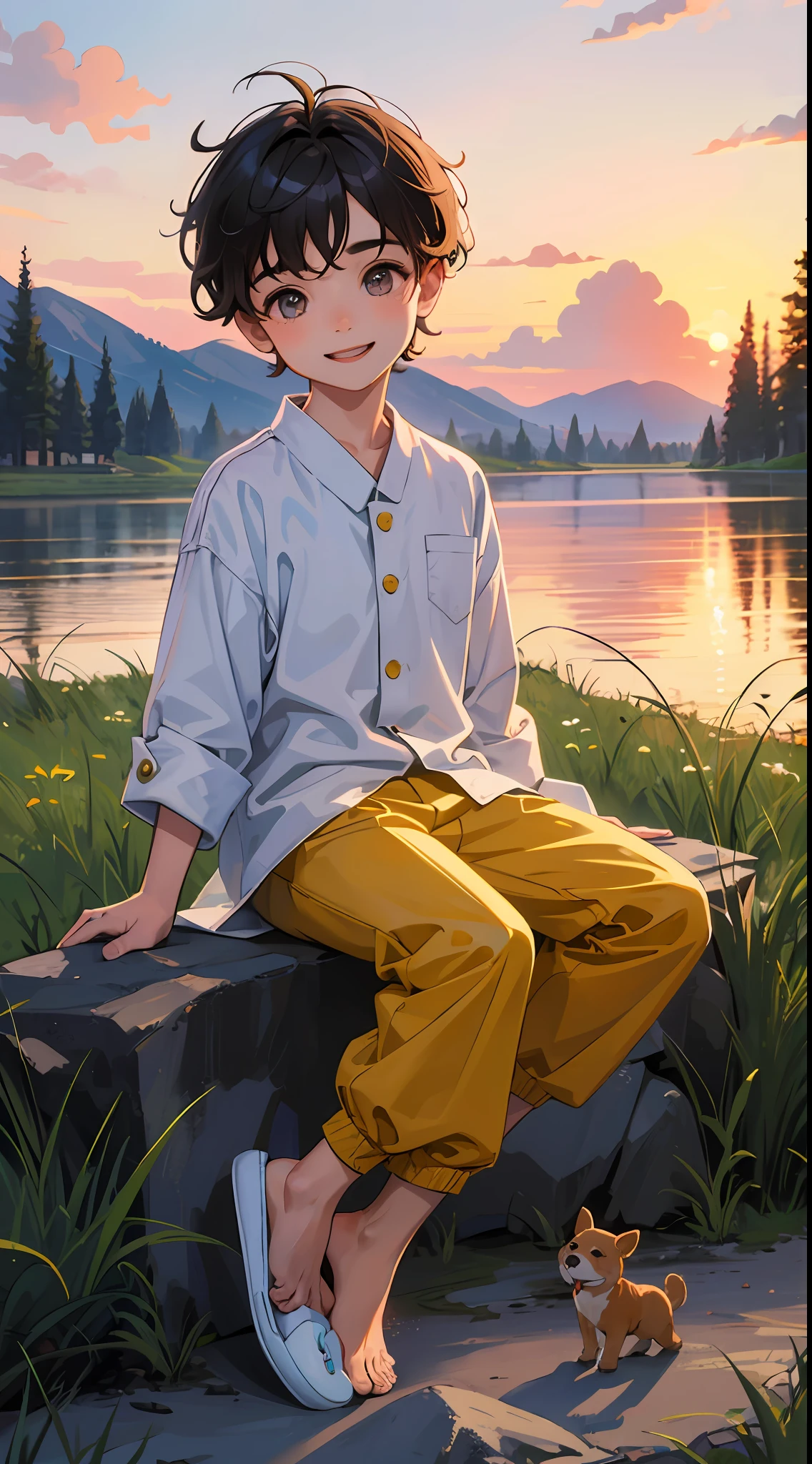 A happy little boy，Dressed in casual attire，Wear slippers，Sit on the rocks of the meadow，The background is the village，There is a cute little dog next to it，Sunset and sunset，Face the camera，Full body photo，Ultra-high definition