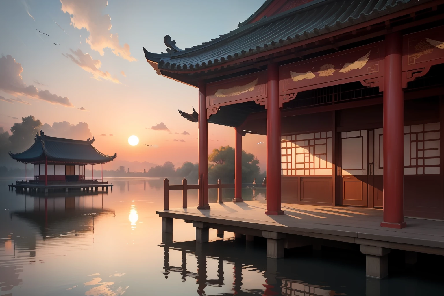 tmasterpiece,illustration,The sunset is shining,Several wild geese flew in the air,There is an old Chinese pavilion building by the water,The water is calm;