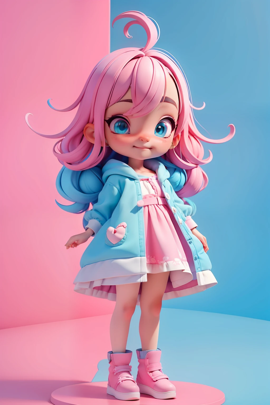 Avatar loli menino multicolor, tons rosa pink e azul turquesa, sorriso meigo e delicado, vestida com uma roupa detalhada, corpo inteiro,pele clara e olhos delicados e definidos,cartoon 3D com moletom, casaco peludinha, cabelos multicolor, fundo simples e branco