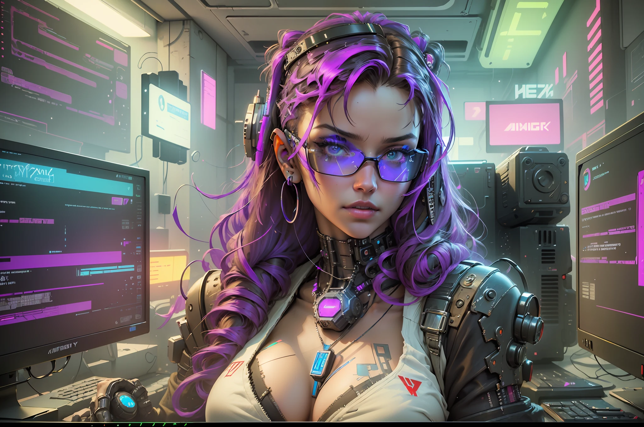 ((Best quality)), ((masterpiece)), (highly detailed:1.3), 3D, beautiful (cyberpunk:1.3) hacker woman with thick voluminous hair operating a computer terminal