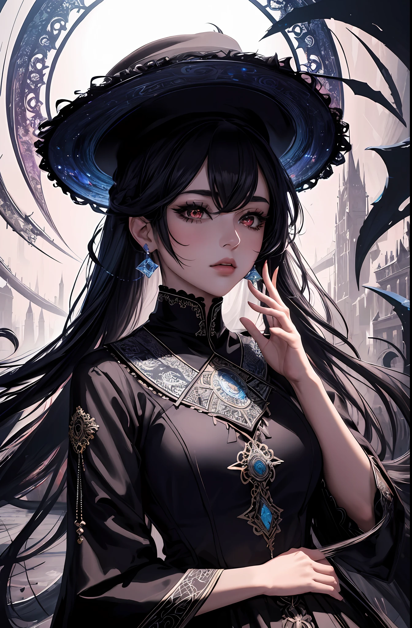 official art, unity 8k wallpaper, ultra detailed, beautiful and aesthetic, beautiful, masterpiece, best quality, (zentangle, mandala, tangle, entangle), Portrait Of Stunningly Beautiful Girl,  Petite, Delicate Beautiful Attractive Face With Alluring Sharp Red Eyes, Sharp Eyebrows, Sadness Grieving, Closed Mouth, Small Breasts, Layered Medium Twintail Black Hair, Blush Eyeshadow, Thick Eyelashes, Rollable Fedora Hat, platform footwear,Black Frill Hem Shirt Dress, Thigh Highs, At Night, full body, white background, moody lighting, glow, glowing, mysterious, mystical, magical, rim lighting, gorgeous, vibrant, psychedelic, colorful, intricate, elegant, sharp focus, highly detailed, digital painting, concept art, matte, masterpiece, Hyper detailed ultra sharp, vibrant aesthetic, bloodwave, colorful, psychedelic, ornate, intricate, digital painting, concept art, smooth, sharp focus, illustration, beautiful female,