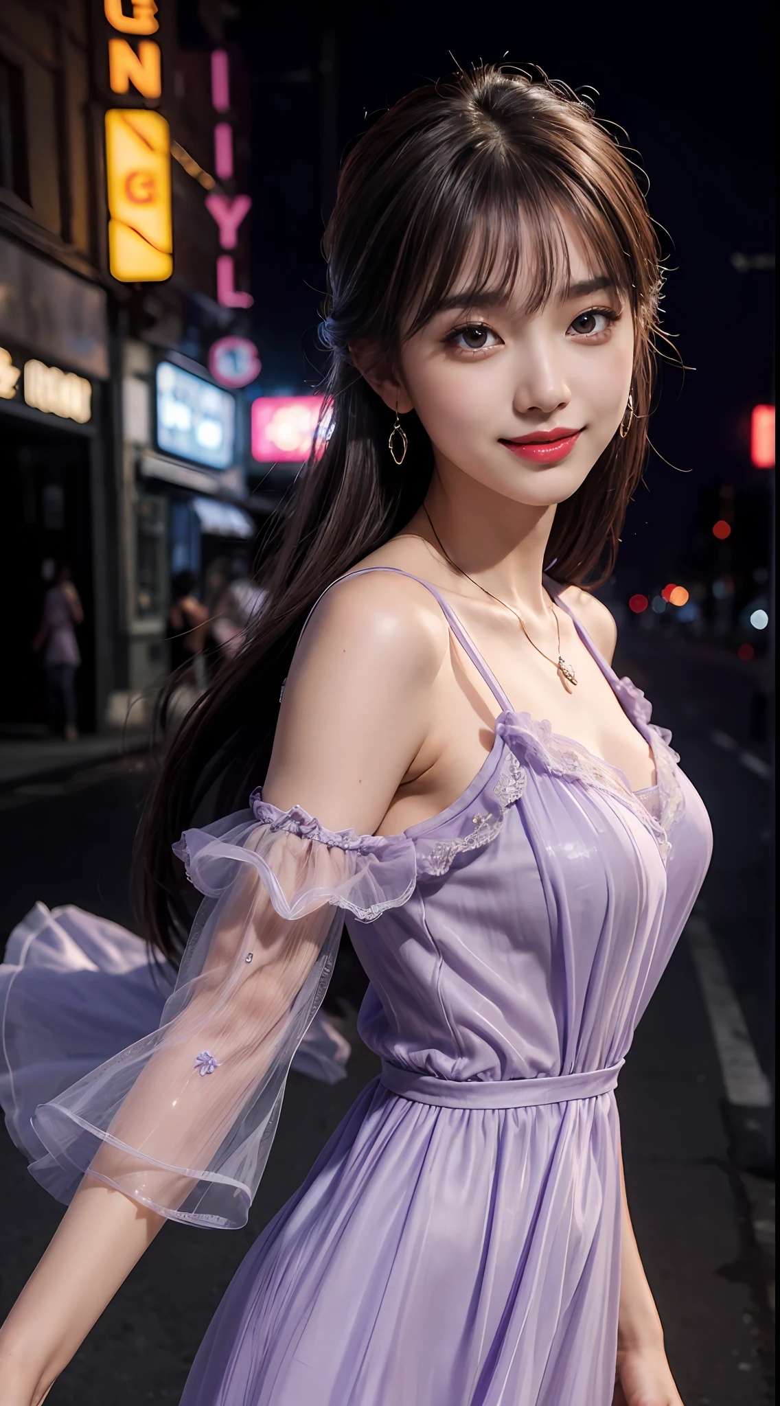 8k, masterpiece, RAW photo, best quality, photorealistic, extremely detailed CG unity 8k wallpaper, Depth of field, Cinematic Light, Lens Flare, Ray tracing, (extremely beautiful face, beautiful lips, beautiful eyes), intricate detail face, ((ultra detailed skin)) 1girl, in the dark, deep shadow, pretty korean girl, kpop idol,(very slim slender fit-muscled body:1.3), ((looking at viewer)),(big smile:1.3), (tight mini dress), (shot sleeve) , (fashion city night, (neon sign), (big building), fashion street night),(no people), (without people in the background:1.3), pretty korean girl, white diamond earrings, dia bracelets, dia necklace, pantyhose, clear eyes, walking , front shot, (pale skin), face forward, (big eyes), ((upper body shot)), ((silk Laced)), ((lavender color dress:1.3)), (brown hairs) (looking at viewer:1.3), (see through), open breast, (very slim, long legs, medium breasts), have a sheen , updo hairs