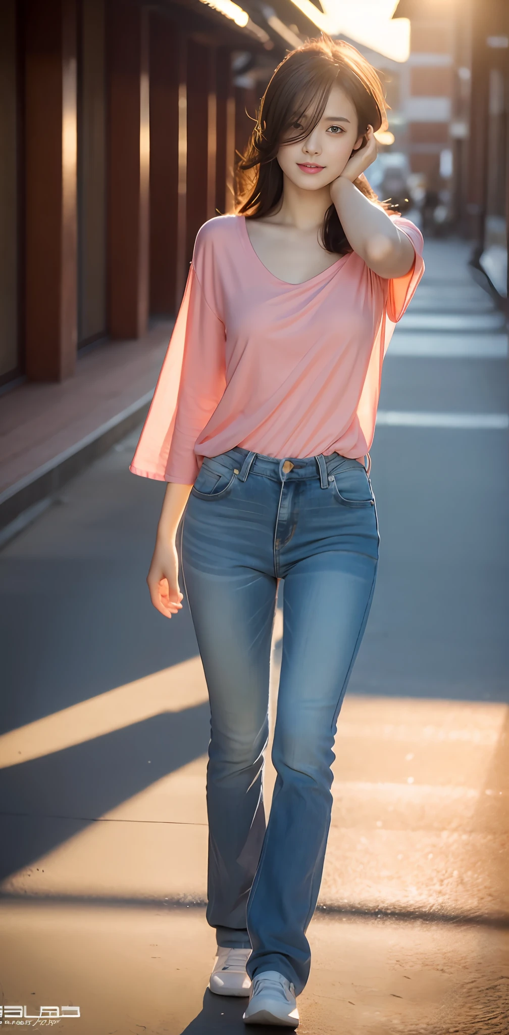 1 beautiful woman taking pictures on the grass of the villa，RAW photos，tmasterpiece，（highdetailskin：1.2），8k ultra high definition，digital SLR camera，gentlesoftlighting，high high quality，filmgrain，富士XT3，20 years old Asian woman，Wear simple clothes，T-shirt and skinny jeans，Detailed clothing details:1.3，perfect body figure，Perfect breasts and nipple bulge，The legs are straight and slender，Branded stylish shoes:0.6，Super detailed facial details and skin，Fair pink face and skin，The skin is pink，with light glowing，二重まぶた，Super detailed eyes，(Gloss on lips, eyeslashes, Glossy face, Best quality, Super high resolution, warm color，Wide lighting, naturalshadow), Sexy, Full body shooting: 1.8