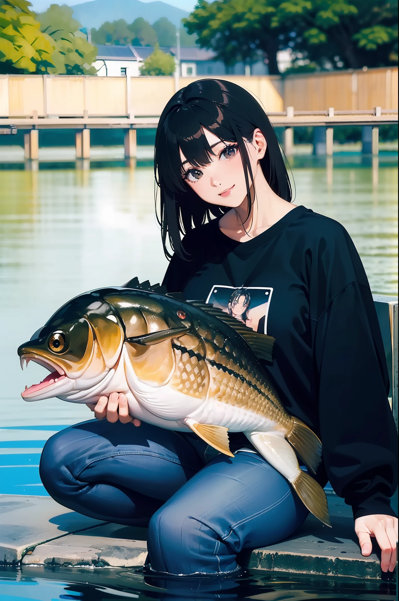 (((Catch a big blackbass by the lakeside:1.1))),((Best quality, Masterpiece :1.3)),1 japanese mature female,black hair, longeyelashes, solid circle eyes, light smile, drop shadow, atmospheric perspective, 8k, super detail, ccurate, best quality, middle breasts,black jacket, Black T-shirt ,navy blue jeans,