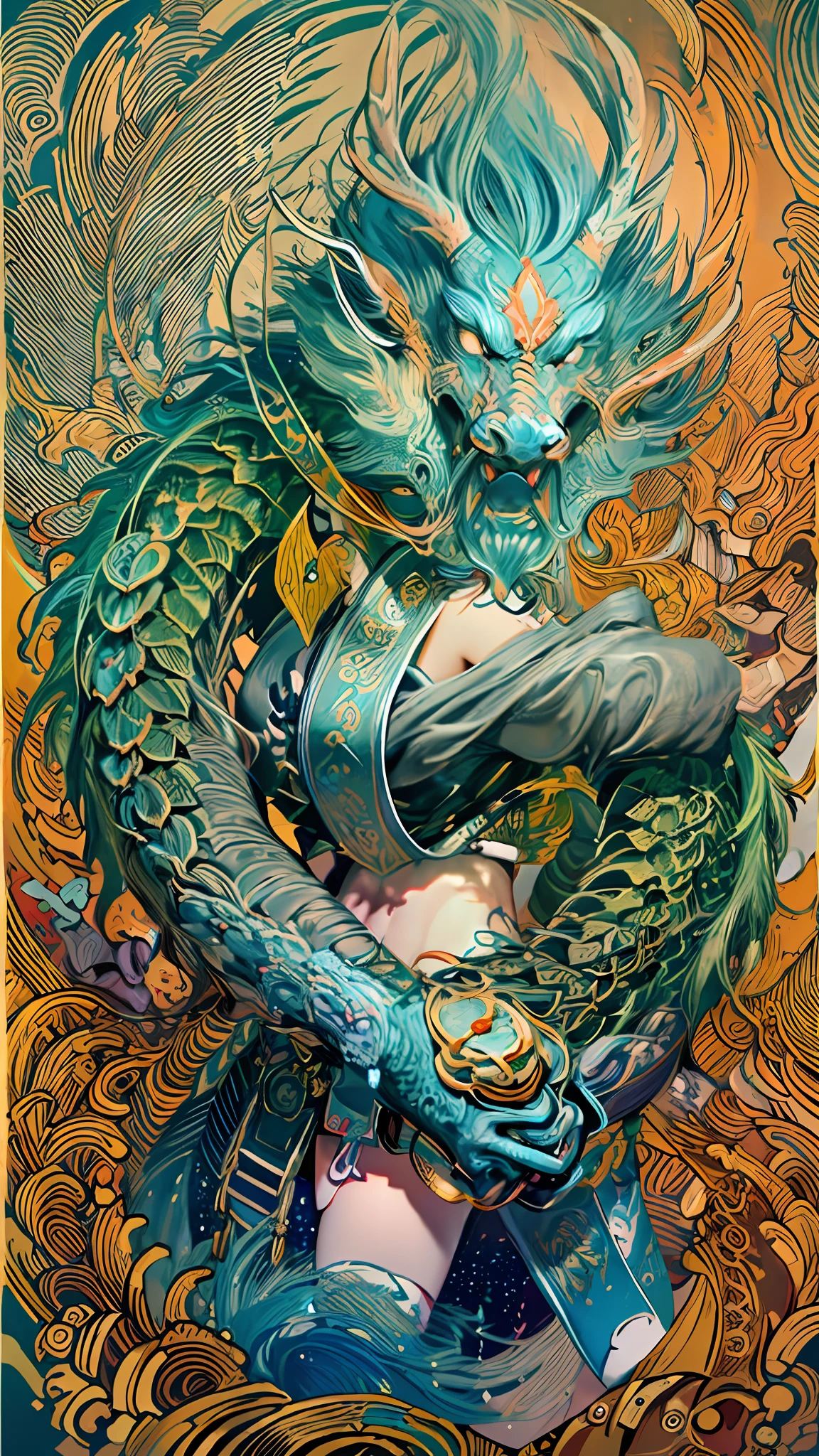 Official Art, Unified 8K Wallpapers, Ultra Detailed, Beautiful and Aesthetic, Masterpiece, Best Quality, (Zentangle, Tangle, Entangle), (fractal art: 1.4), 1girl, black hair, Chinese, bare shoulders, short skirt, calf, navel, very detailed, dynamic angle, cowboyshot, (most beautiful form chaos), flowing, (bright colors), oc, (half: 1.2), china, (thangka flying sky: 1.5), (ribbon: 1.3), (dream: 1.5), (hanfu: 1.5), Chinese dragon, Chinese phoenix, (smile: 0.5), (Chinese deity),