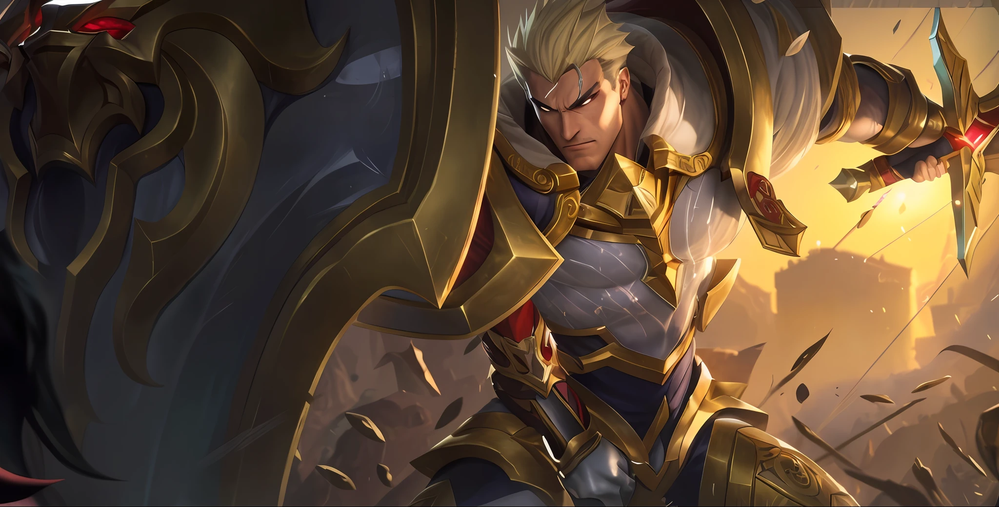 um close up de uma mulher com uma espada e um escudo, paladino de ouro, Splash Art Oficial, Gilgamesh, Arte Splash, League of Legends arte splash, Album art, inspirado por Huang Shen, Arte do personagem de League of Legends, Personagem de League of Legends, Splashart de League of Legends, Paladino masculino, Arte de League of Legends, Thertrevkaiser, olhar maligno, rosto raivoso